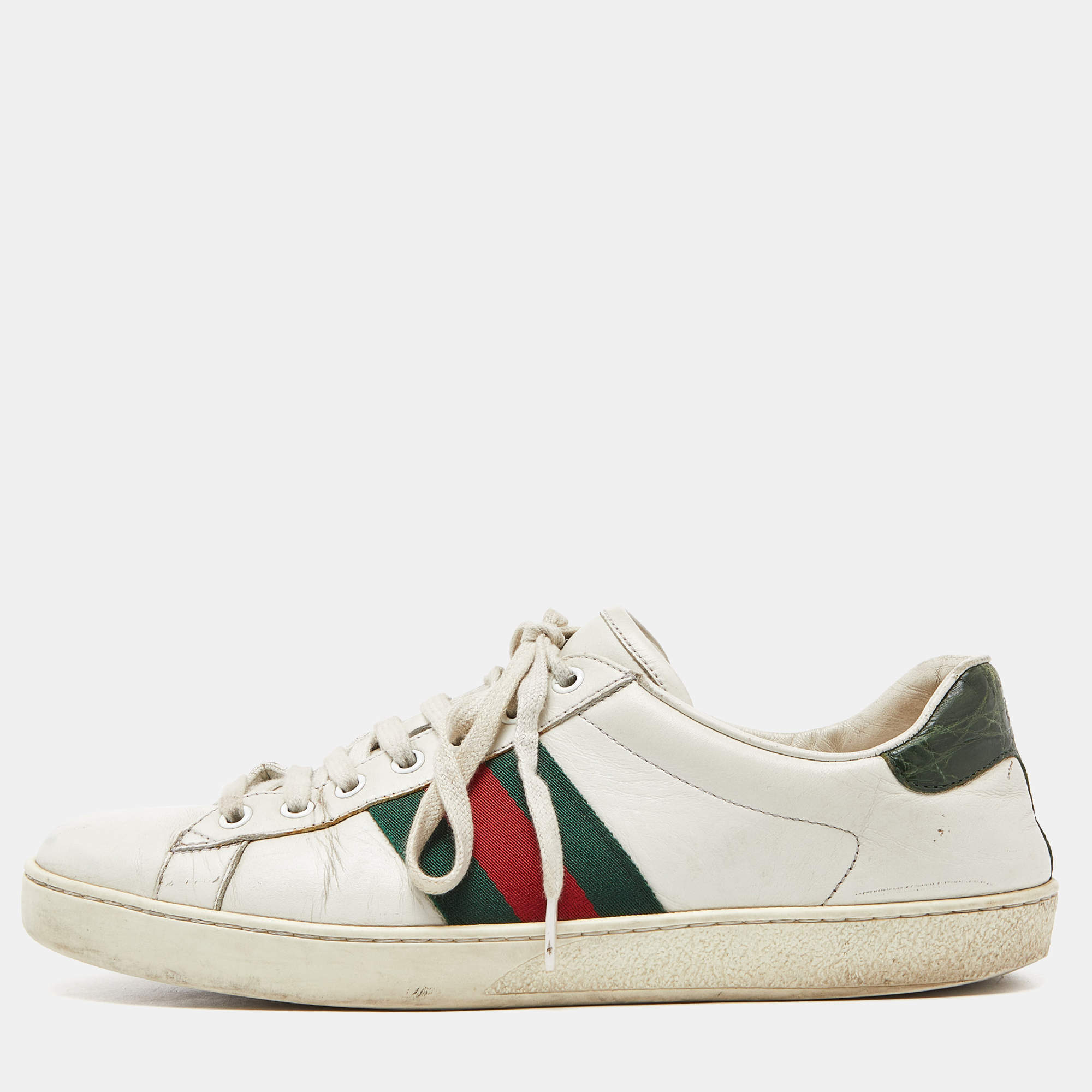 Gucci White Leather Web Ace Low Top Sneakers Size 42.5