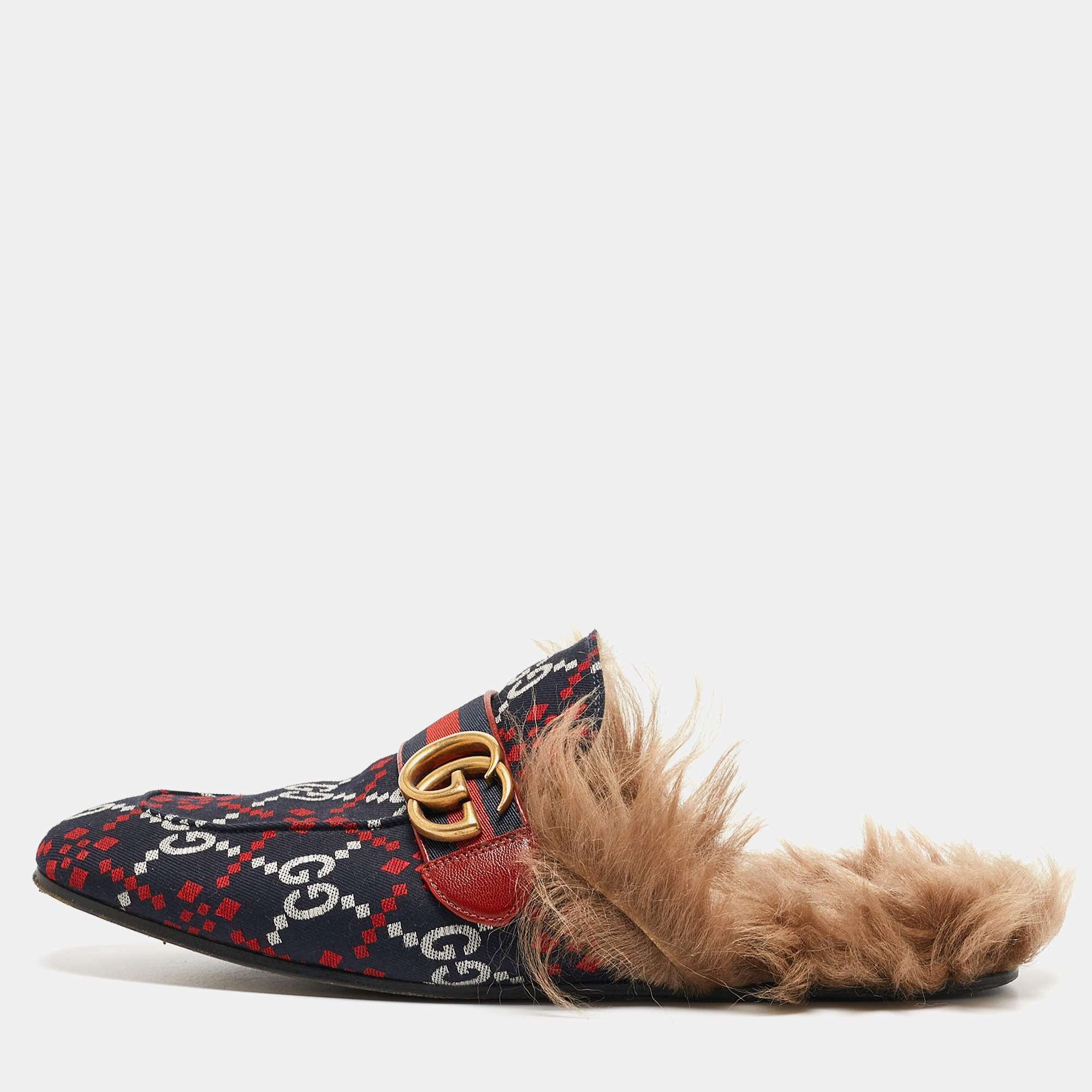 Pre Owned Gucci Navy Blue/Red Diamond GG Canvas and Fur Princetown Flat Mules Size 42