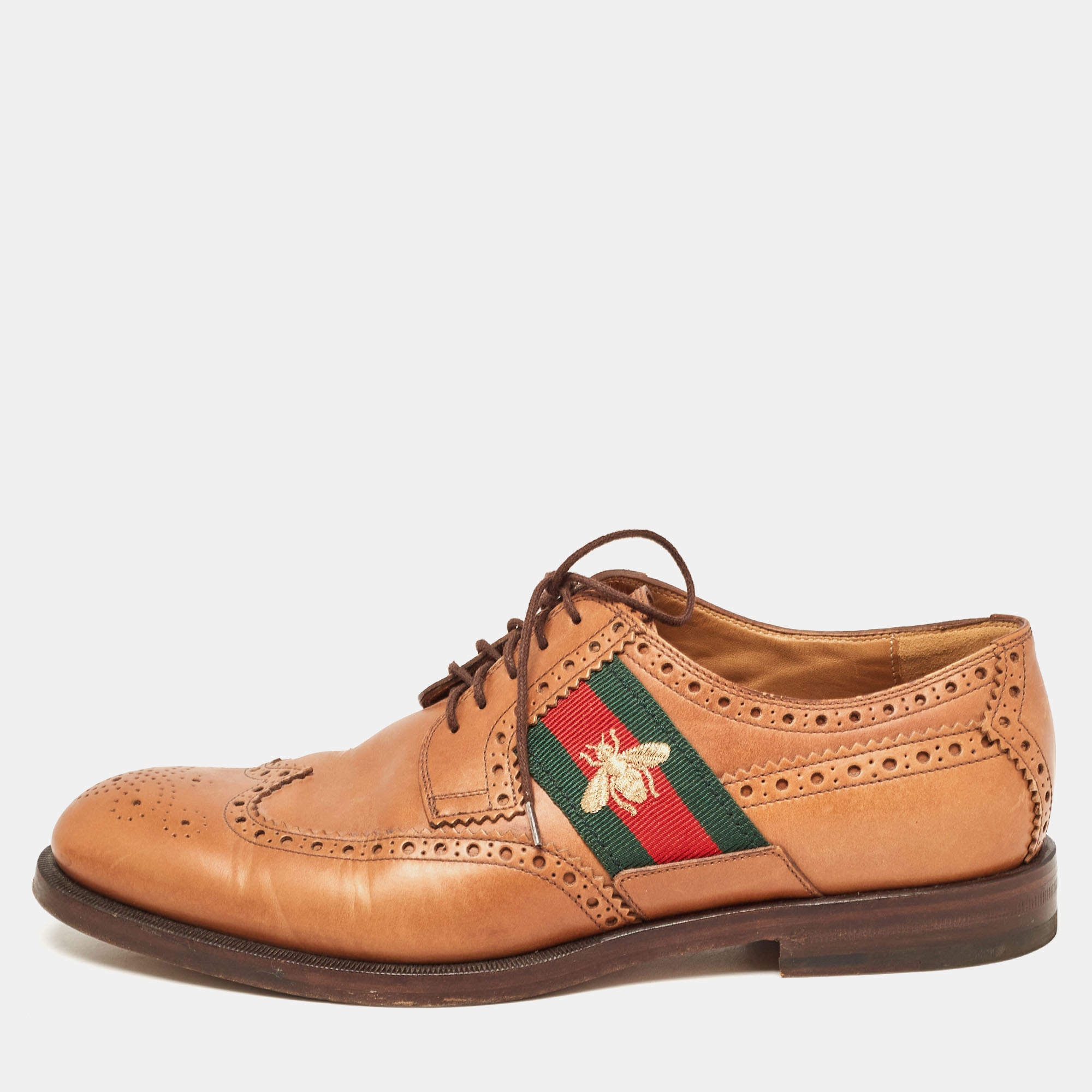 Gucci Brown Brogue Leather Bee Web Detail Lace Up Derby Size 42