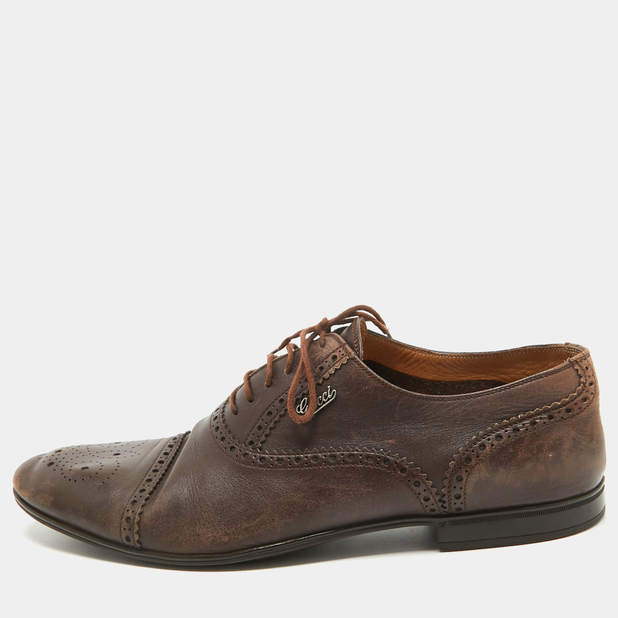 Gucci Brown Leather Lace Up Brogue Oxfords Size 44.5