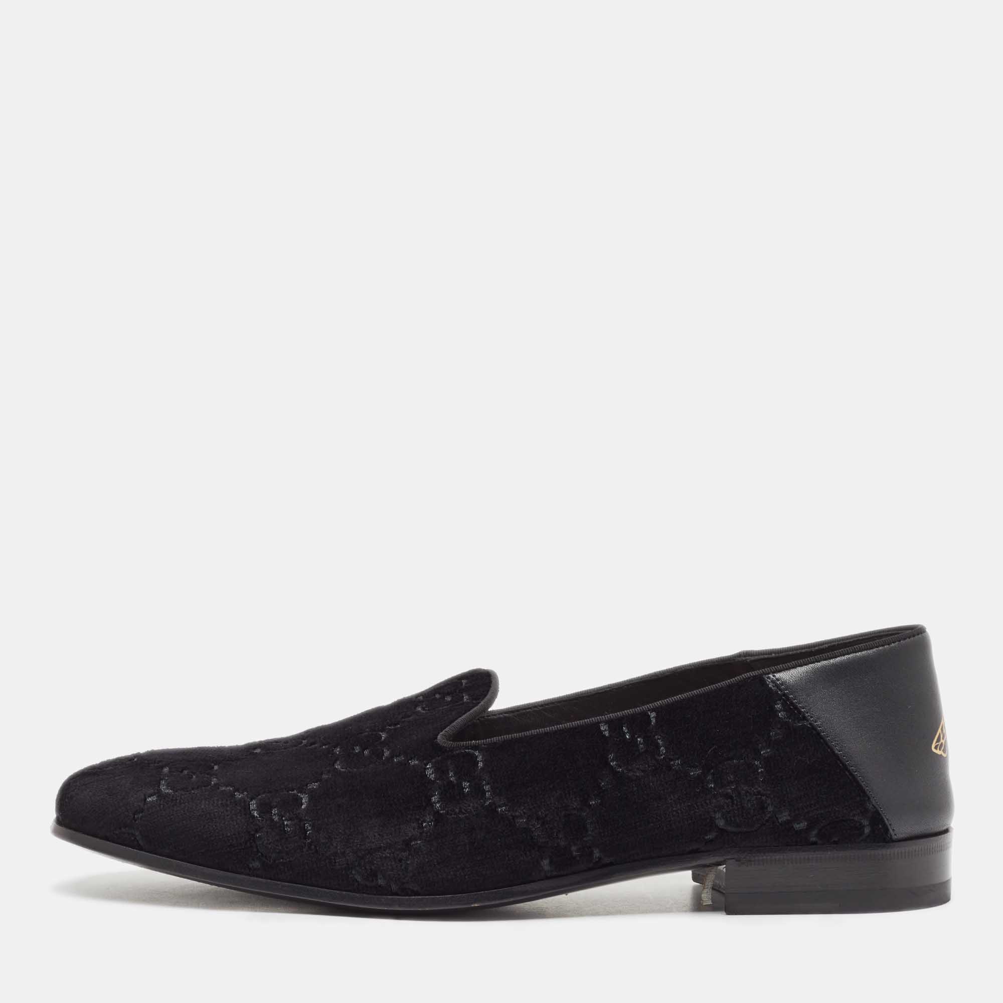 Gucci Black Guccissima Velvet And Leather Loafers Size 43