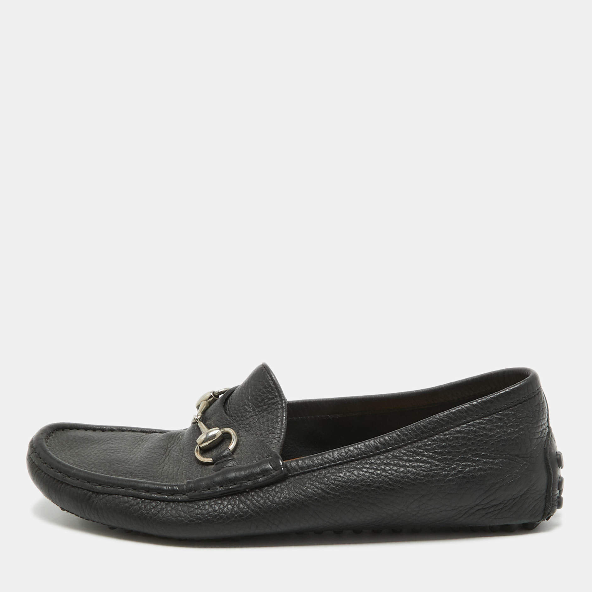 Pre Owned Gucci Black Leather Horsebit Slip On Loafers Size 40.5
