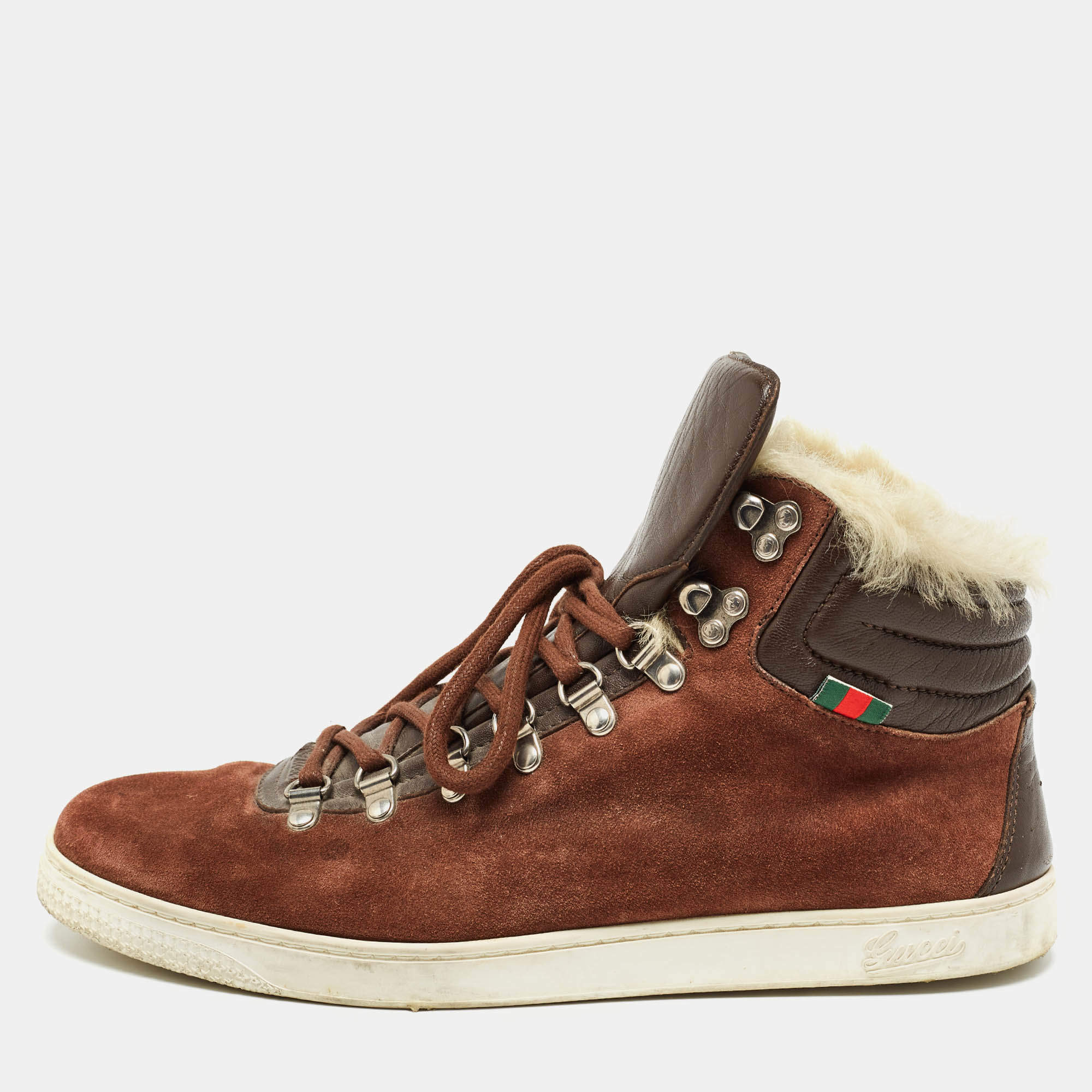 Gucci Brown Suede and Fur Trim High Top Sneakers Size 43