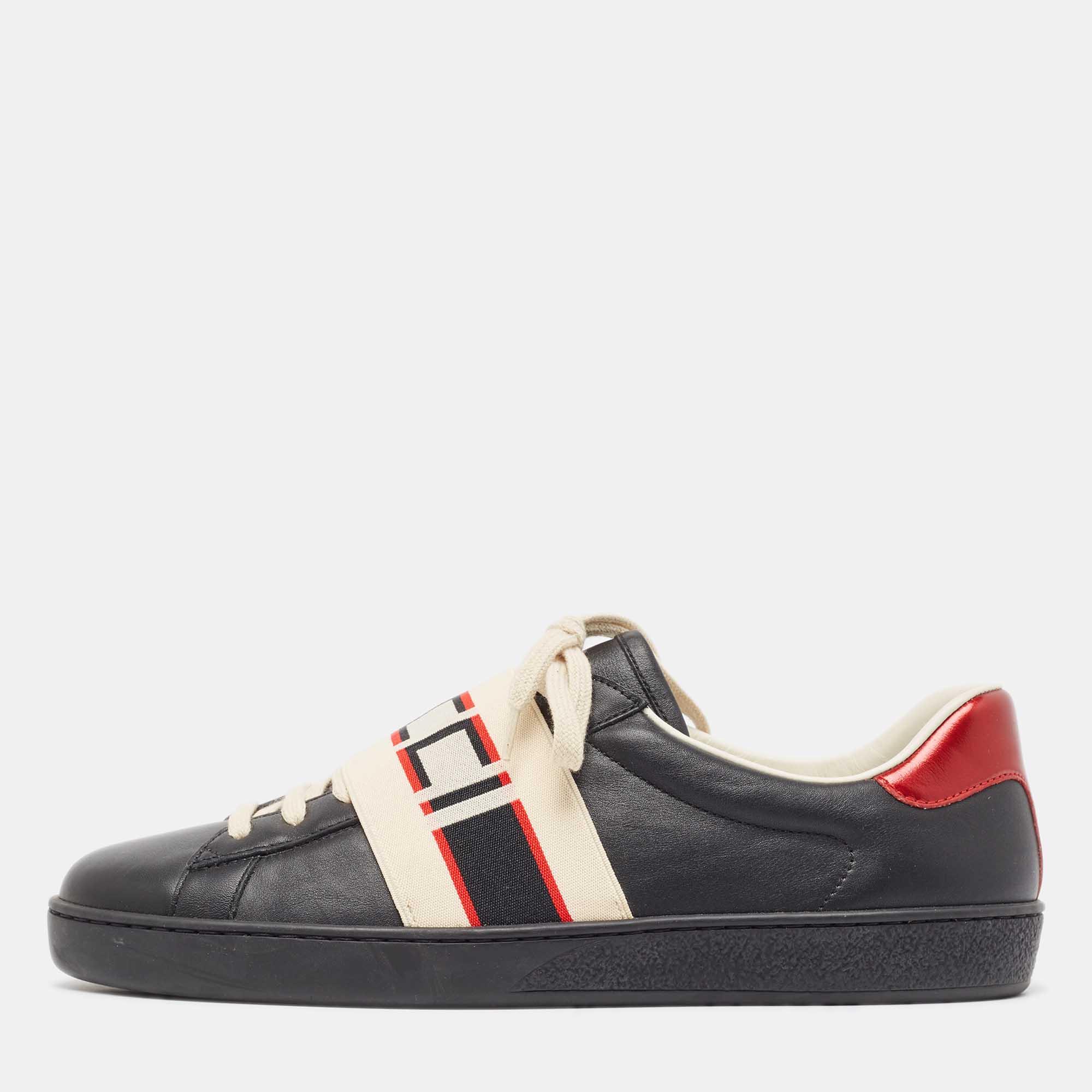 Gucci Black Leather And Stretch Band New Ace Logo Strap Low Top Sneakers Size 42.5