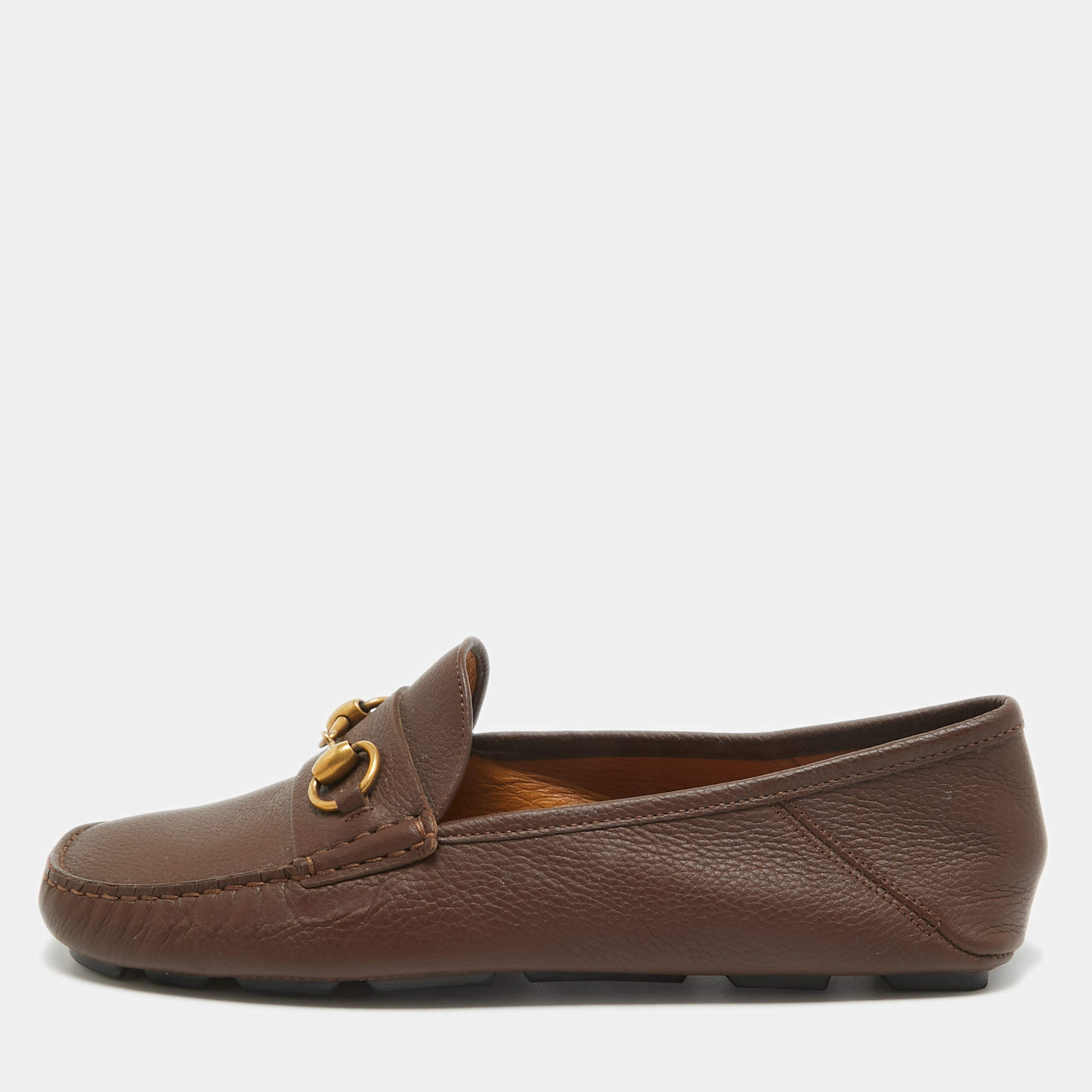 Gucci Brown Leather Horsebit Slip On Loafers Size 42