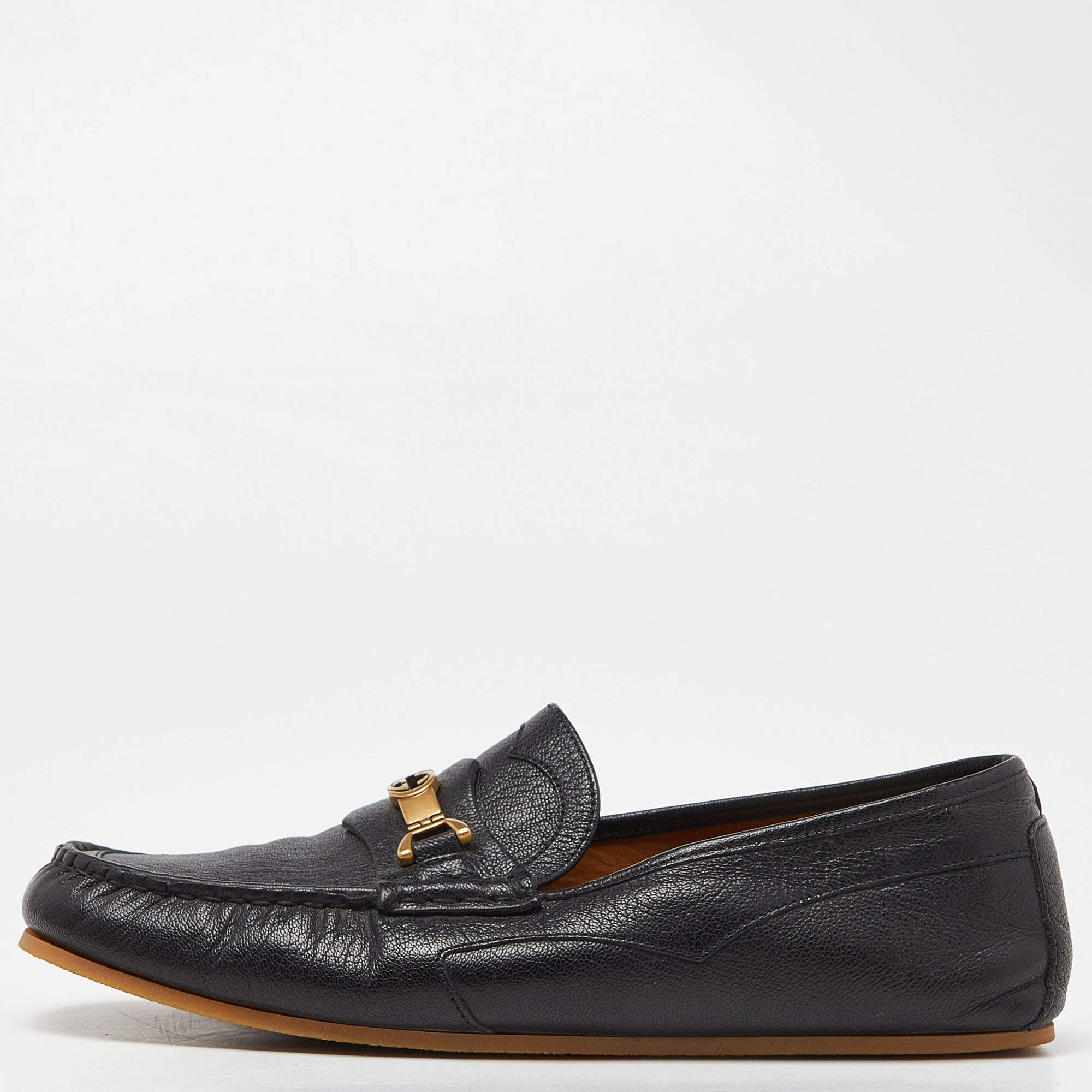 Gucci Black Leather Interlocking Logo Slip On Loafers Size 41.5