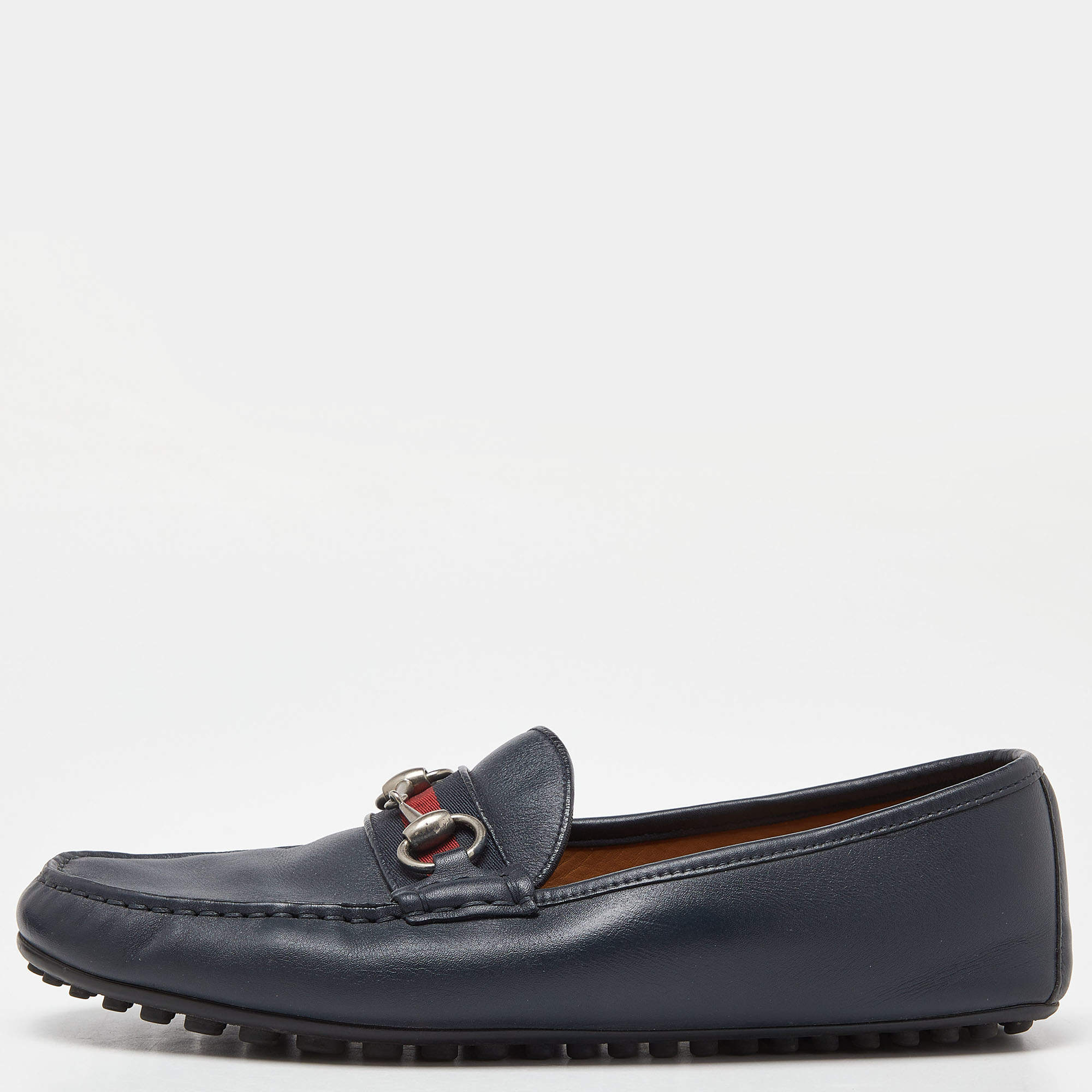 Gucci Blue Leather Web Horsebit Slip On Loafers Size 42