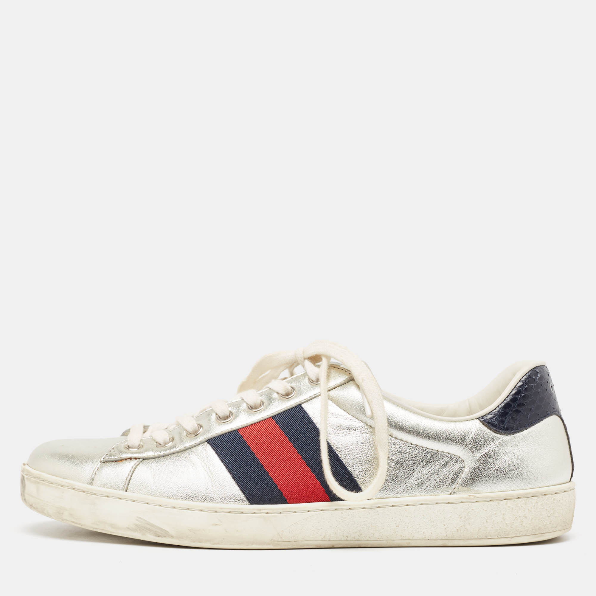 Gucci Silver Leather Ace Sneakers Size 42.5
