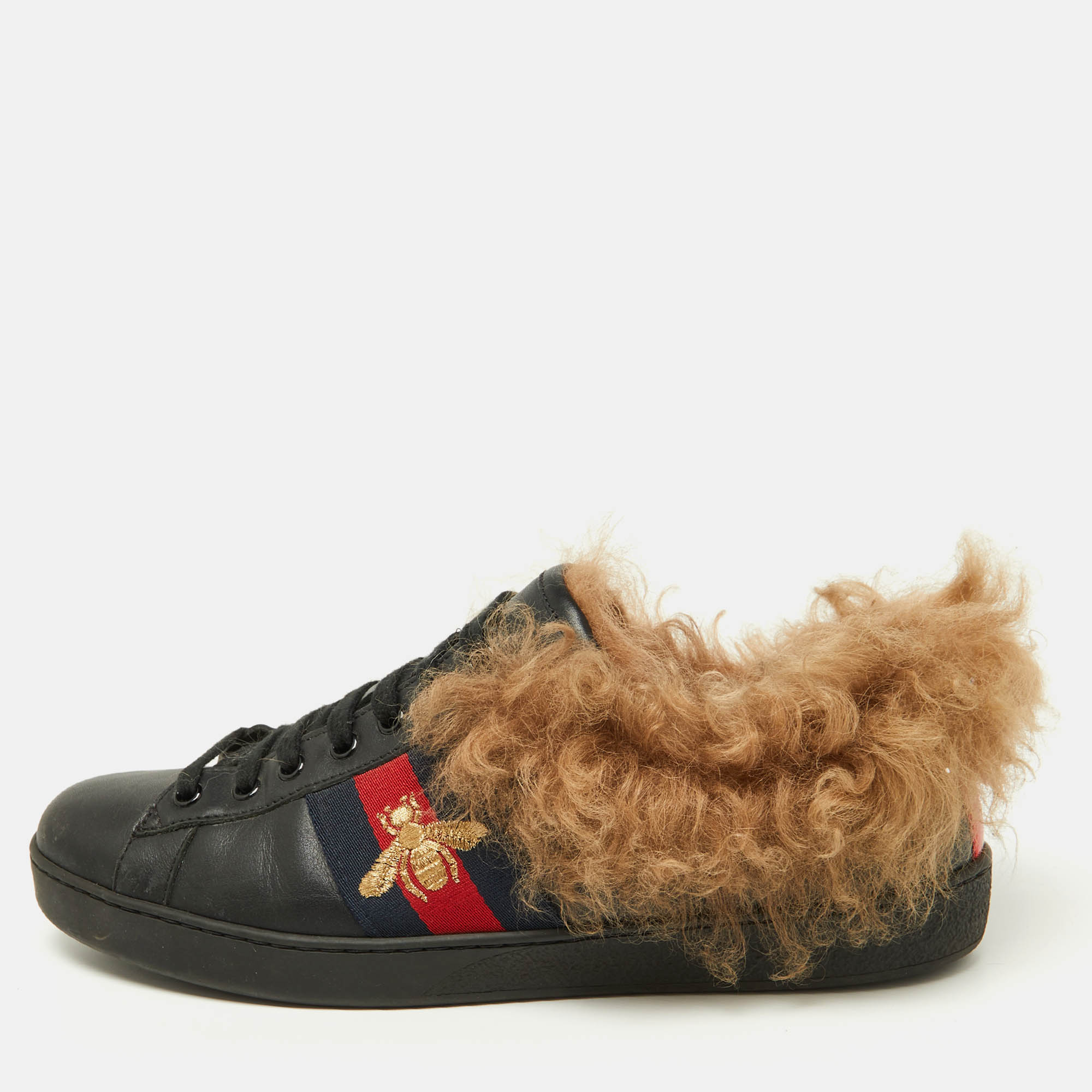 Gucci Black Leather and Fur Ace Embroidered Bee Low Top Sneakers Size 43