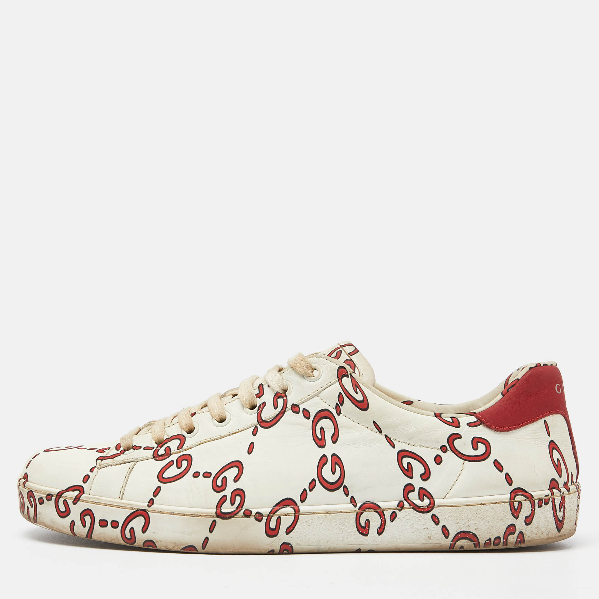Pre Owned Gucci White GG Leather Ace Low Top Sneakers Size 42.5