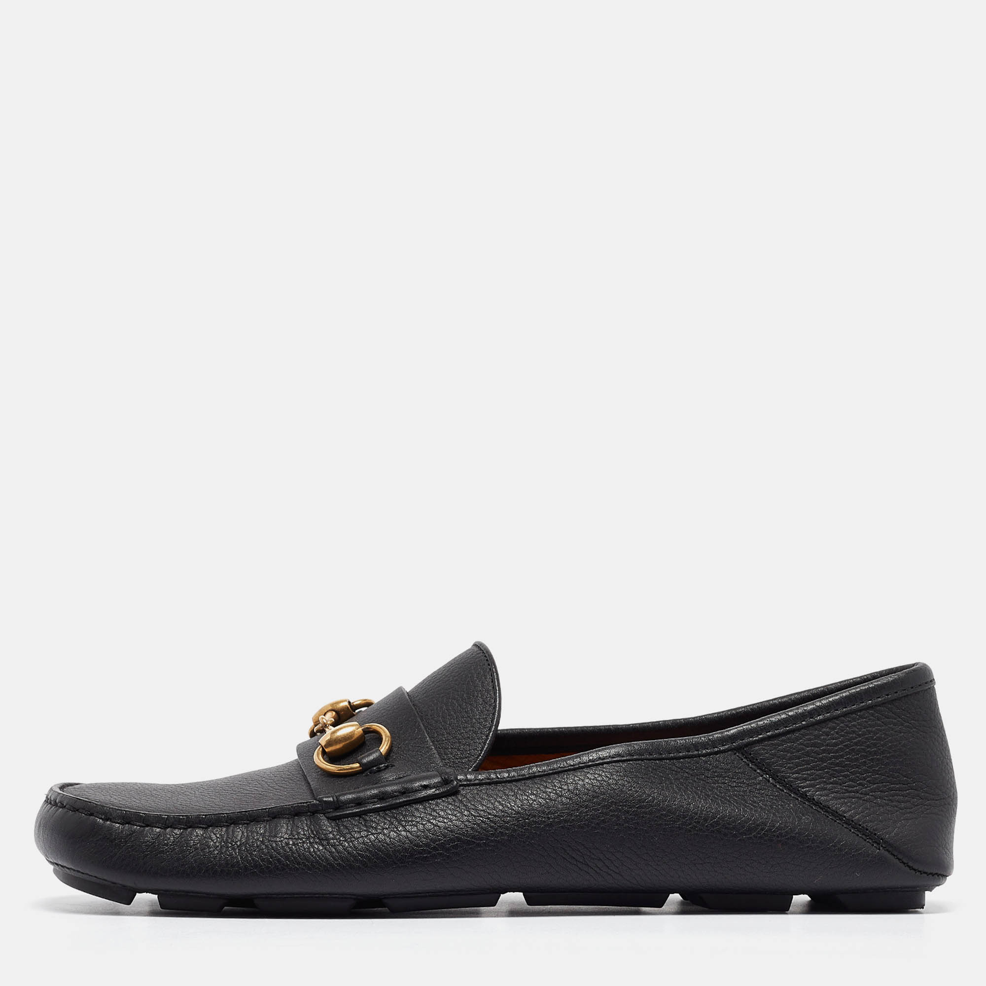 Gucci Black Leather Horsebit Slip On Loafers Size 42