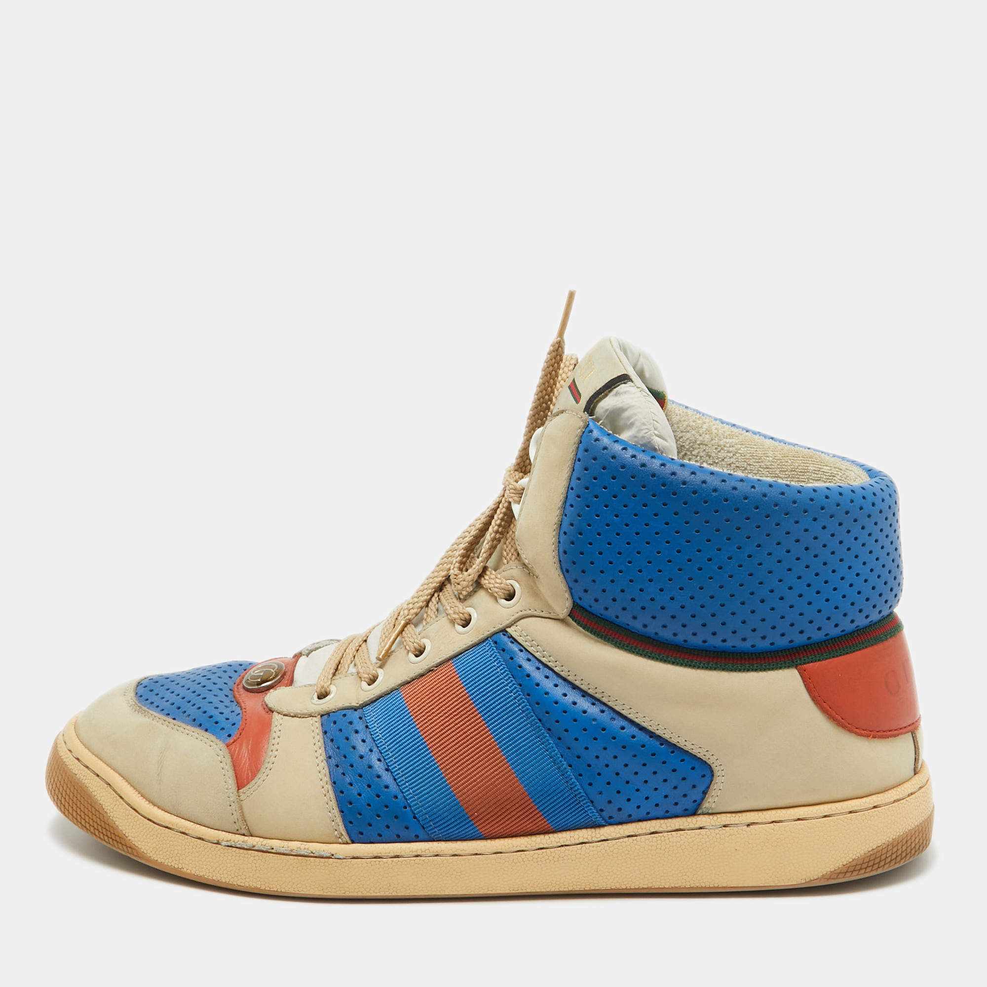 Gucci Multicolor Perforated Leather Screener GG High Top Sneakers Size 44.5
