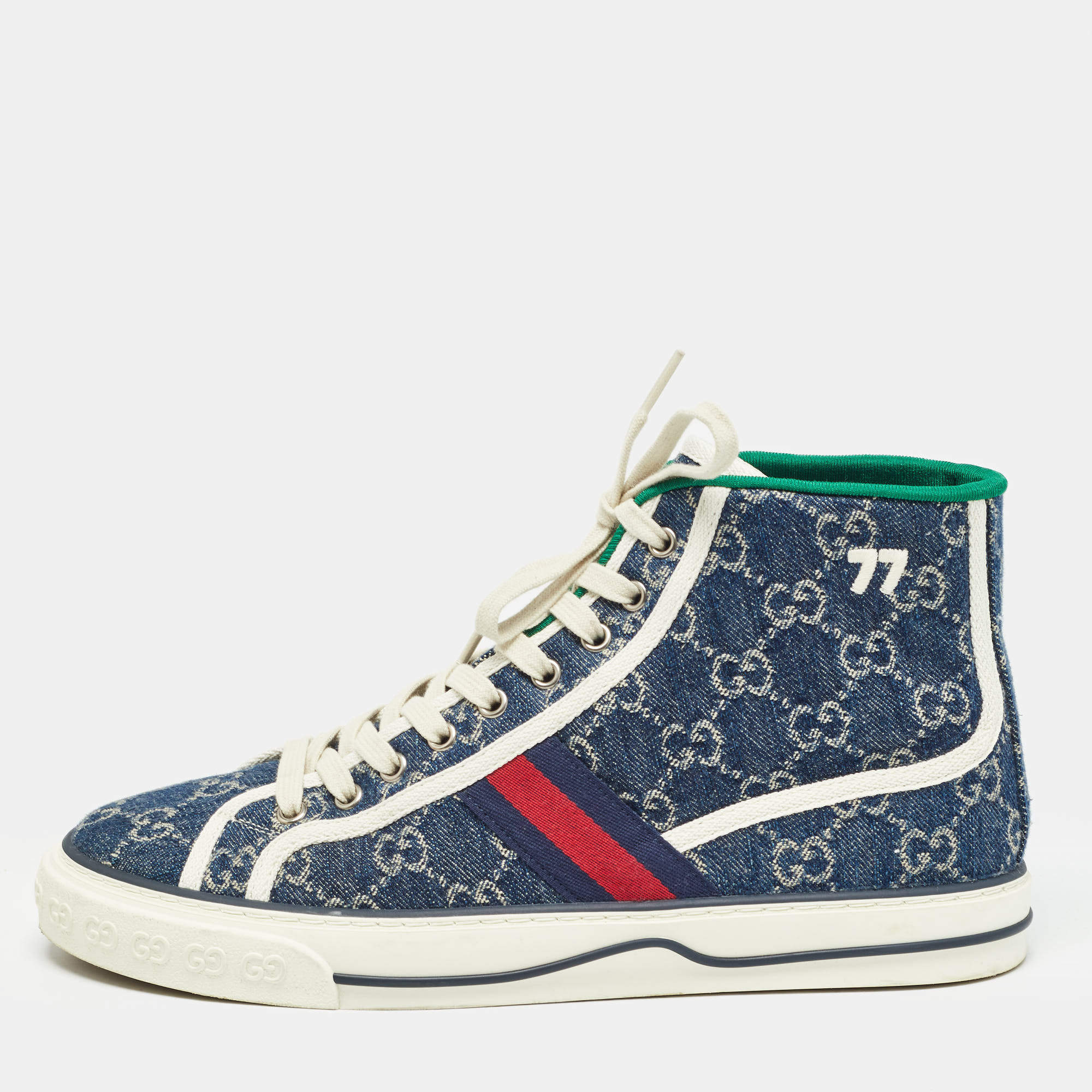 Pre Owned Gucci Blue/Ivory GG Denim Tennis 1977 Sneakers Size 42