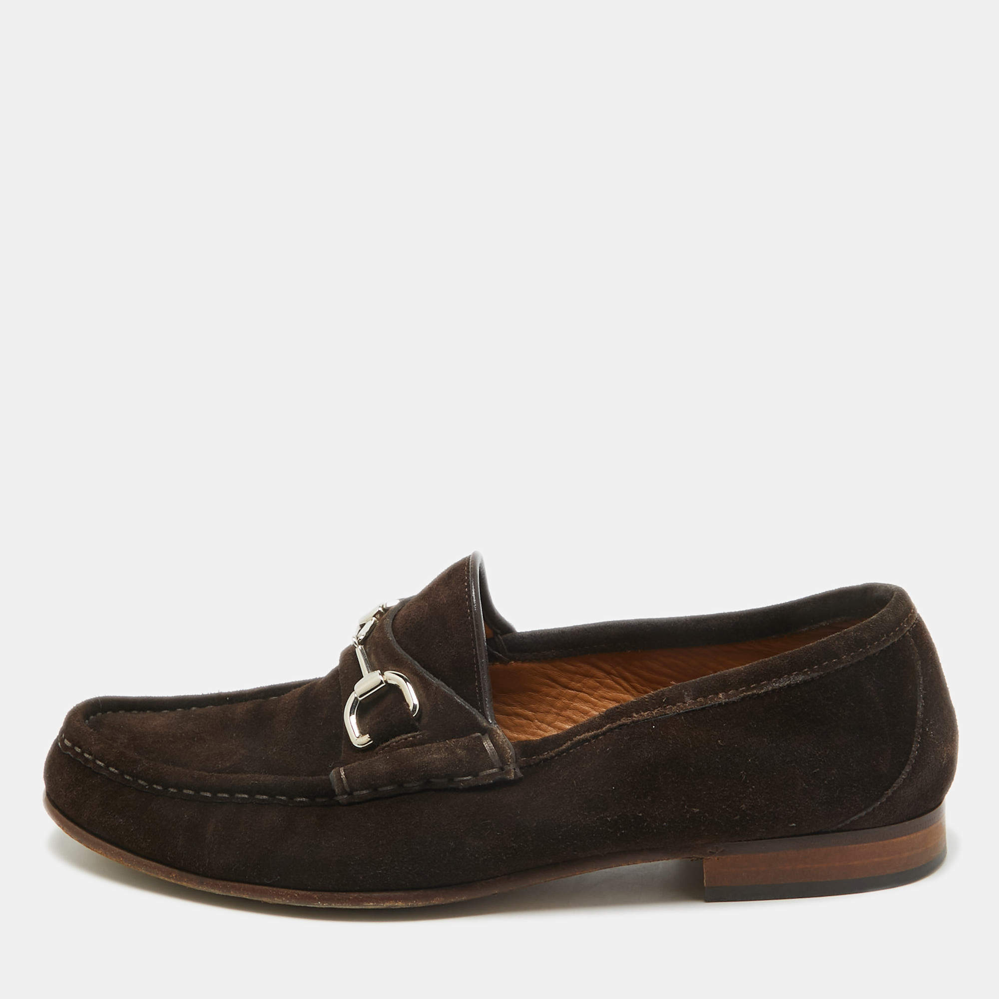 Pre Owned Gucci Suede Brown Suede Horsebit Slip On Loafers Size 41