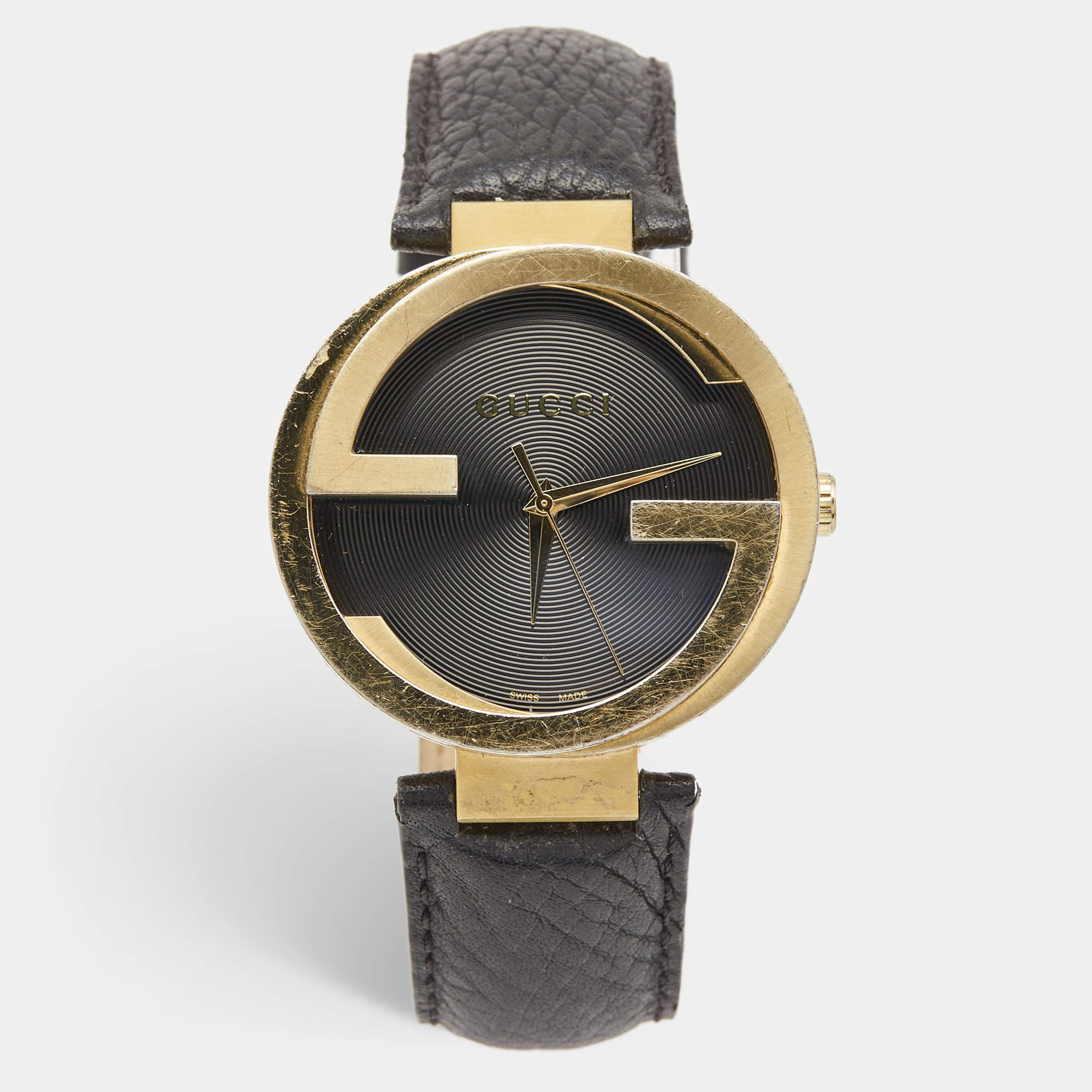 Gucci Black Gold Plated Stainless Steel Leather Interlocking Latin Grammy's XL Special Edition YA133208 Men's Wristwatch 42 mm