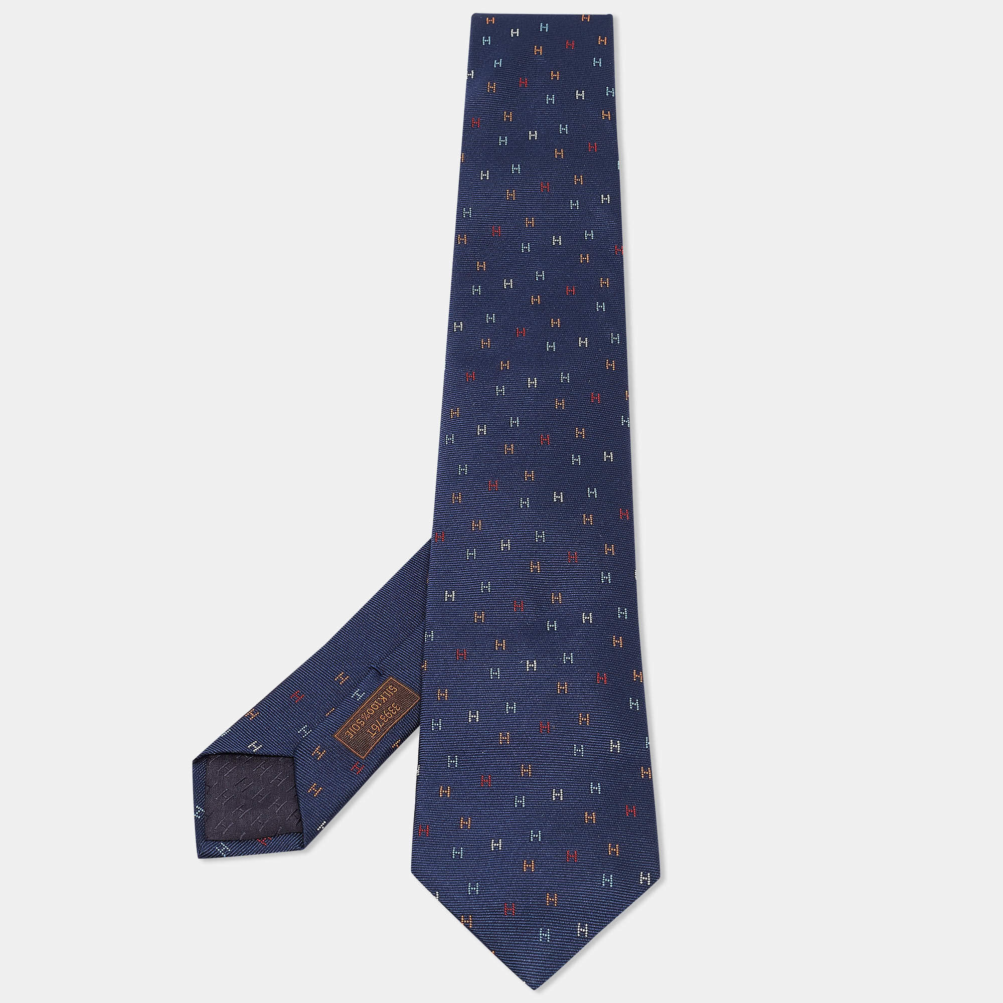 Pre Owned Hermès Navy Blue Silk H Scintillant Tie