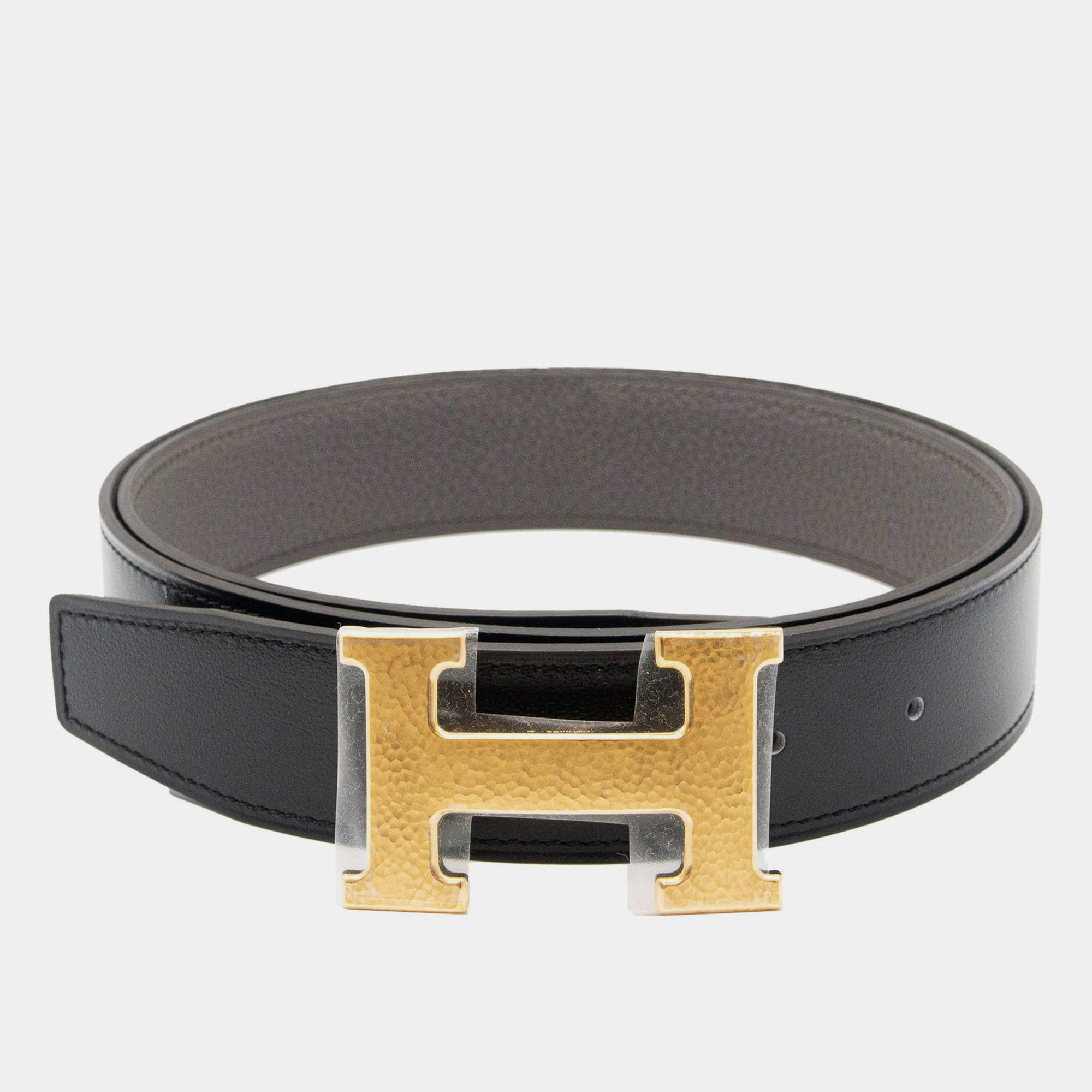 Hermes Noir/Etain Constance H Martelee Buckle with 32mm Reversible Belt in (sz 90)