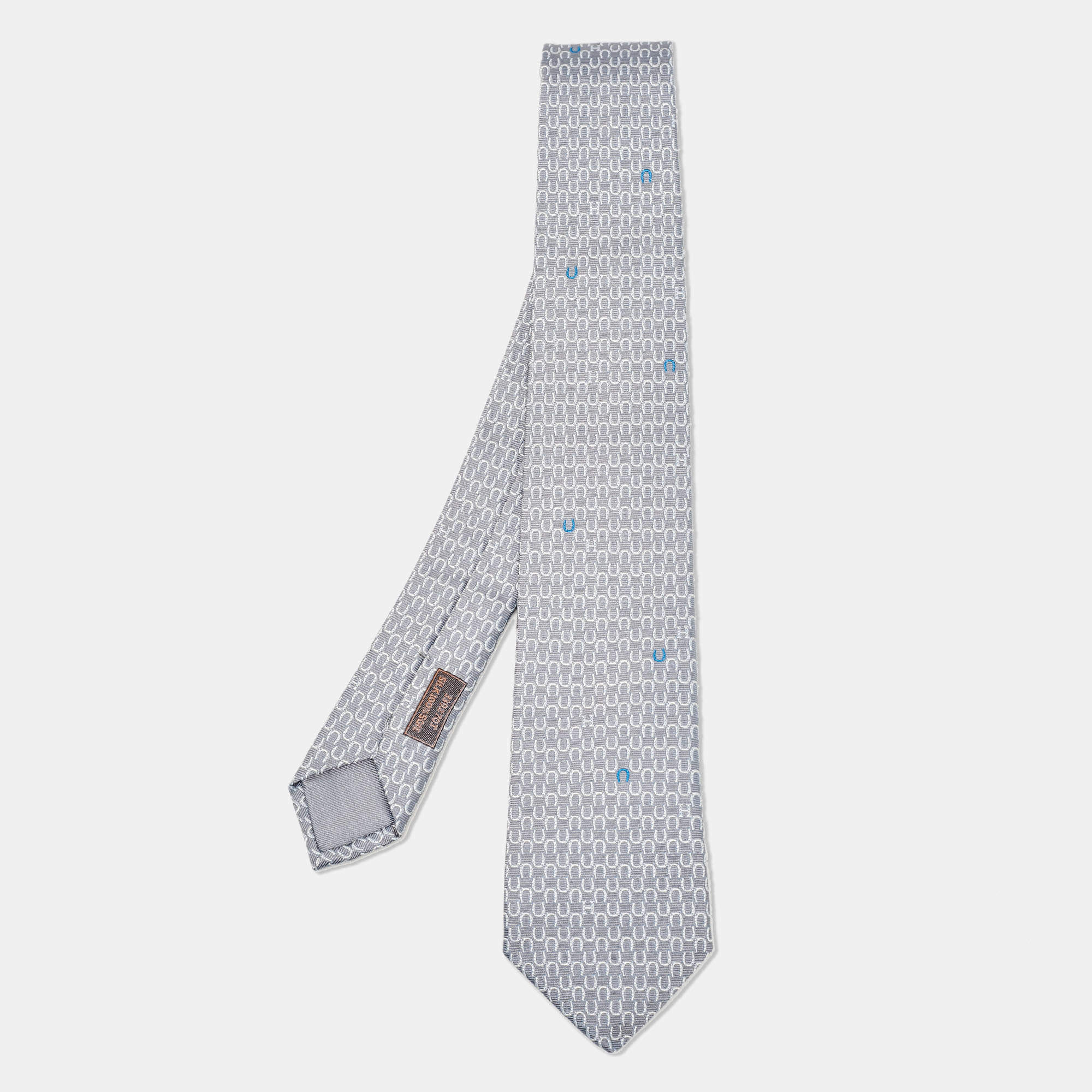 Pre Owned Hermes Gris/Blanc Silk Lourde Horseshoe Tie