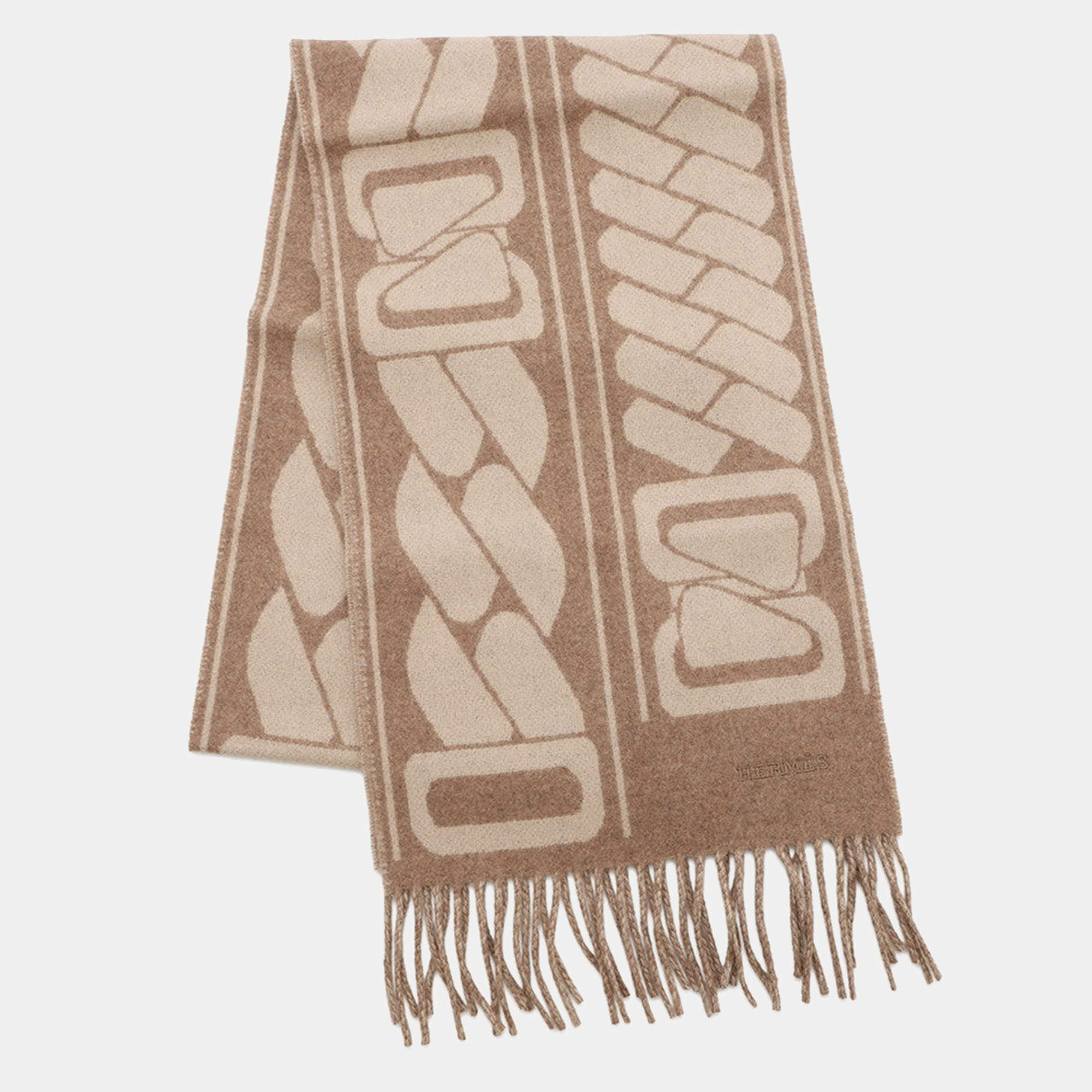 Pre Owned Hermes Cashmere Scarf "Clic-Se-Nue" Marron Grasset / Craie Cashmere100%