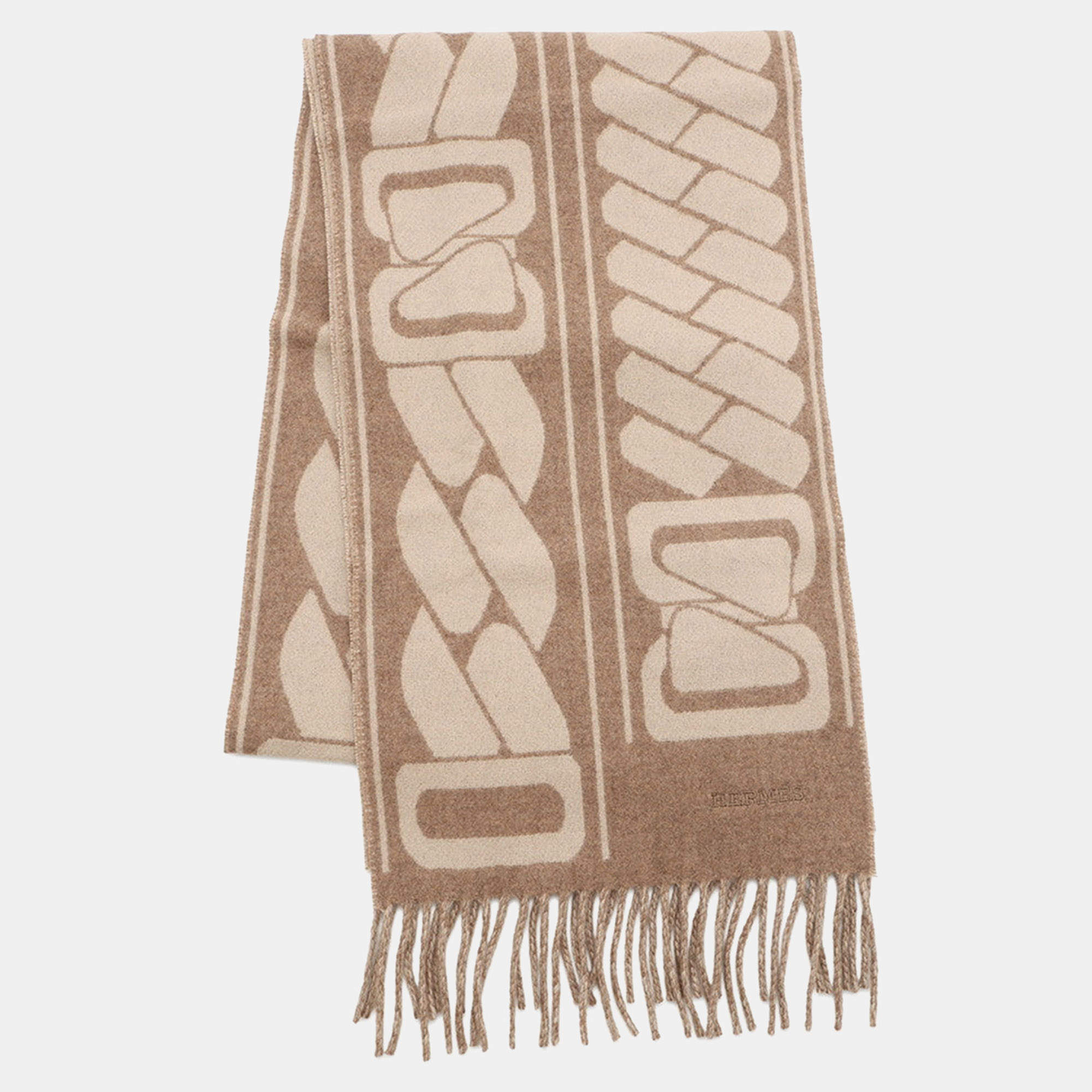 Pre Owned Hermes Cashmere Scarf "Clic-Se-Nue" Marron Grasset/Craie Cashmere100%