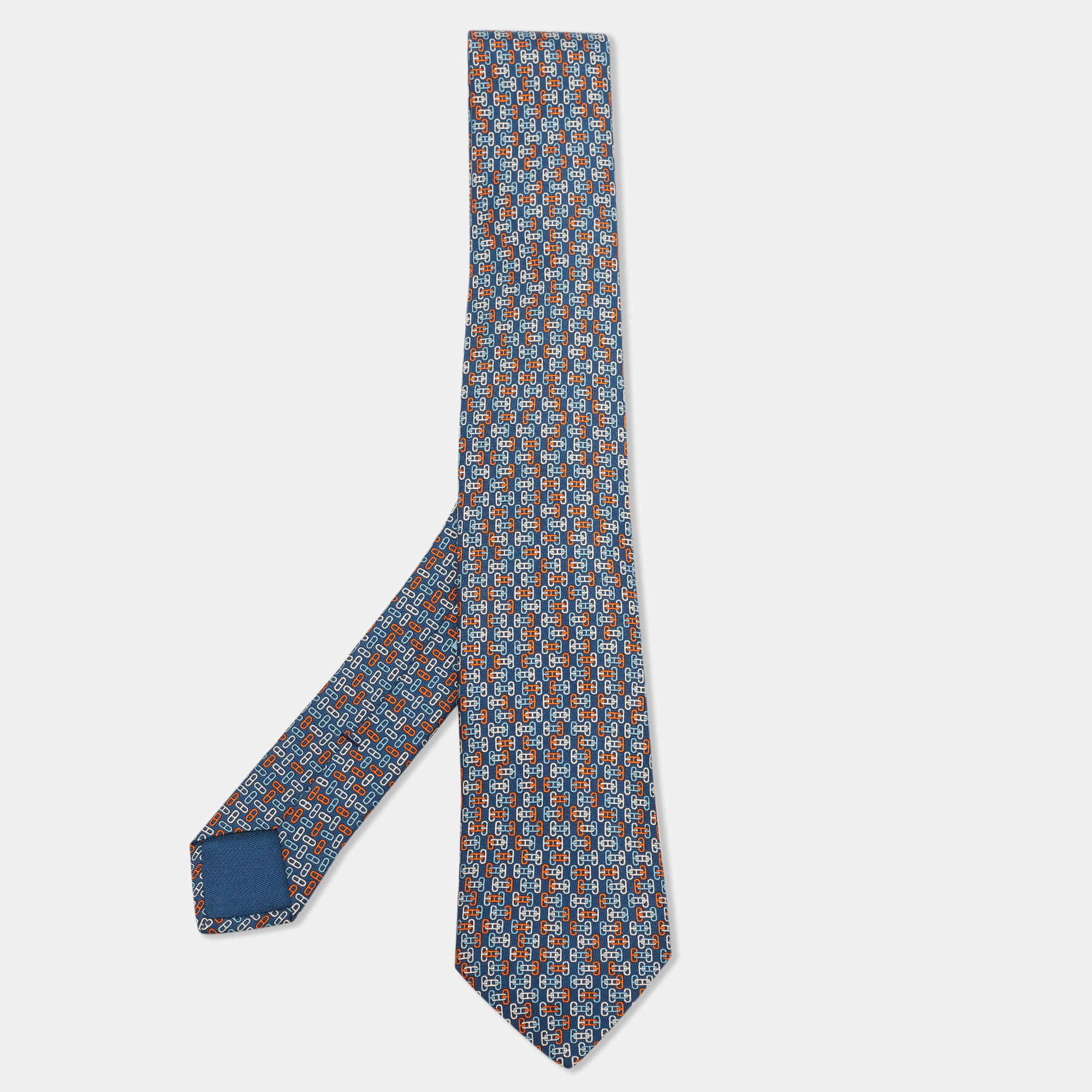 مملوكة مسبقًا Hermès Marine Blue 7 Maillons Trombone Twillbi Silk Tie