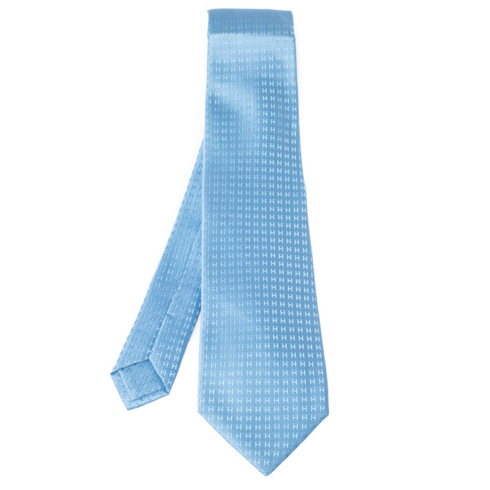 Hermès Bleu Ciel Faconnee H Silk Jacquard Tie Hermes