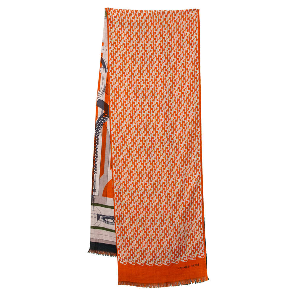 Hermès Orange Imprimeur Fou H Coaching Cashmere Silk Muffler
