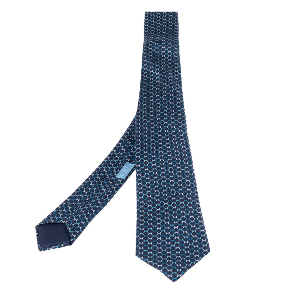 Pre Owned Hermès Marine Blue 7 H Street Silk Tie