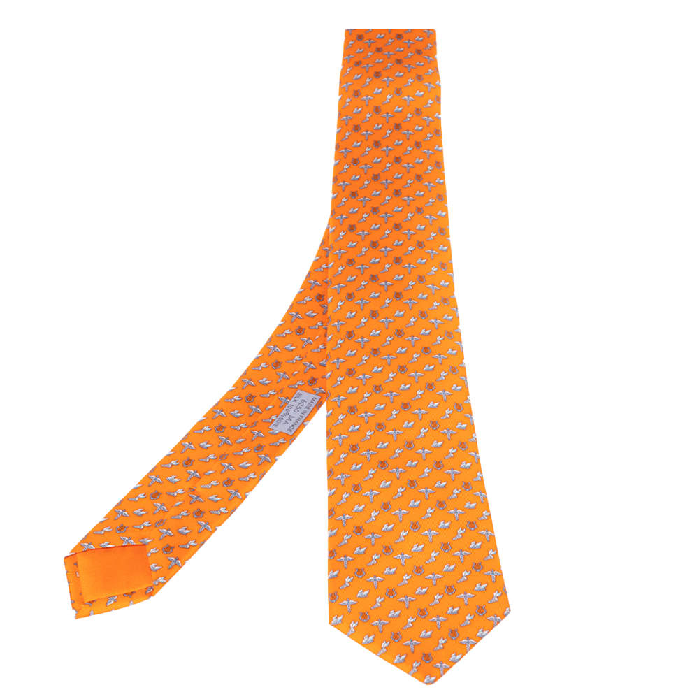 Pre Owned Hermès Orange 7 H Flying Hermes Silk Tie