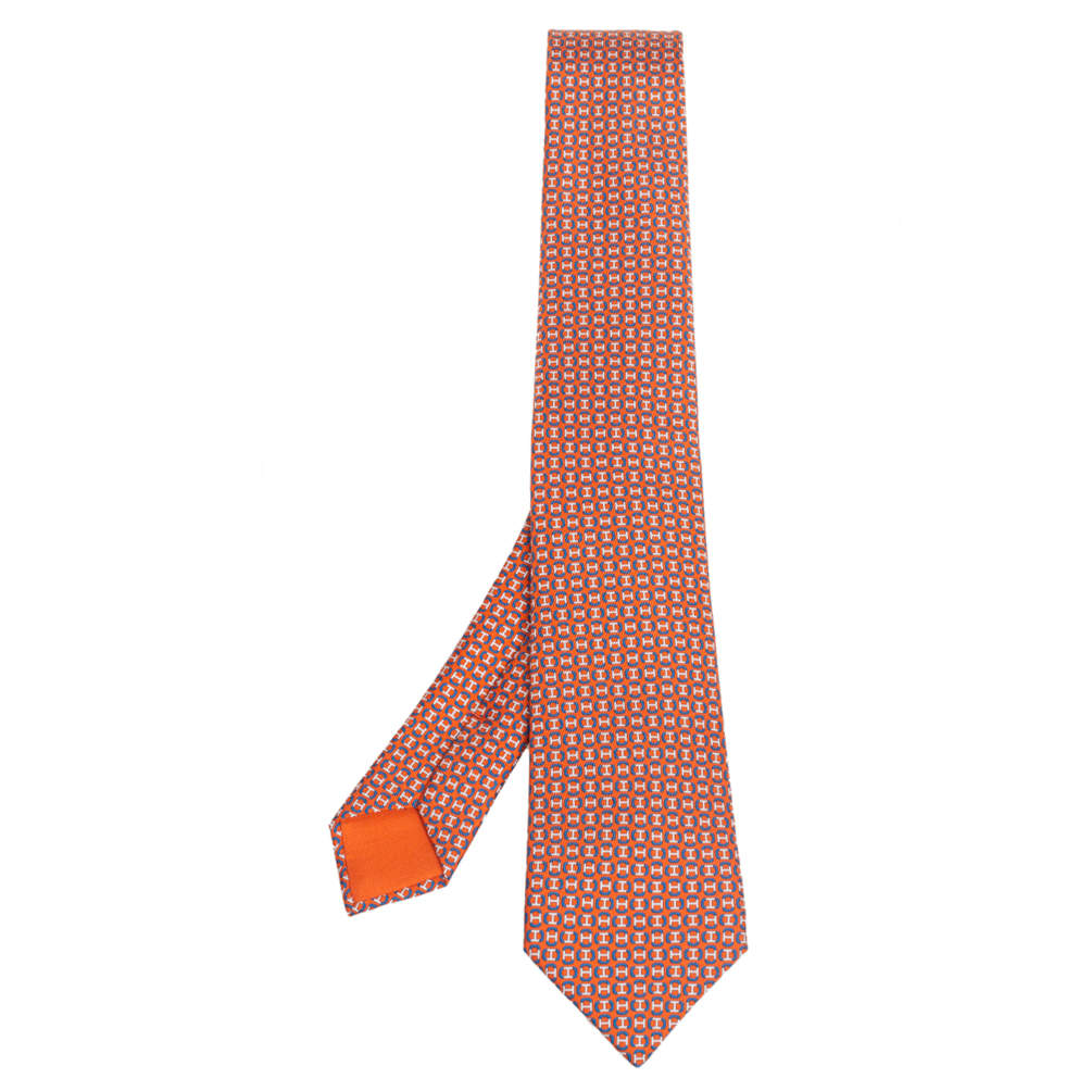 Pre Owned Hermes Orange 7 H Maillon Silk Twill Tie 