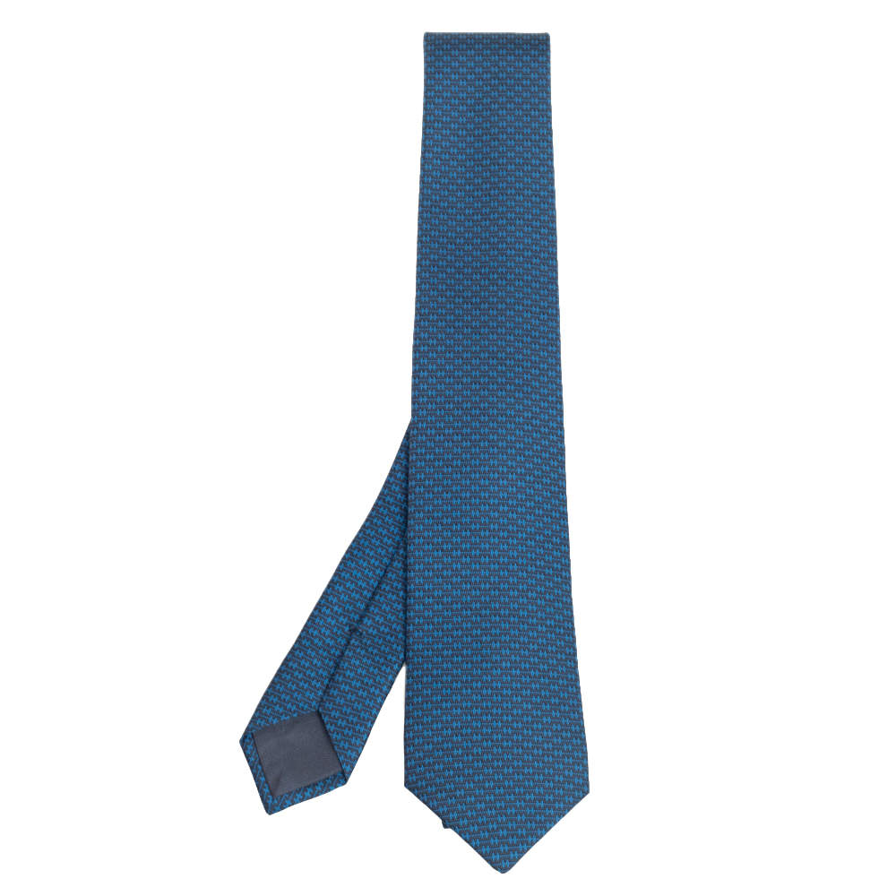 Hermes Bleu 7 H Linge Silk Twill Tie 