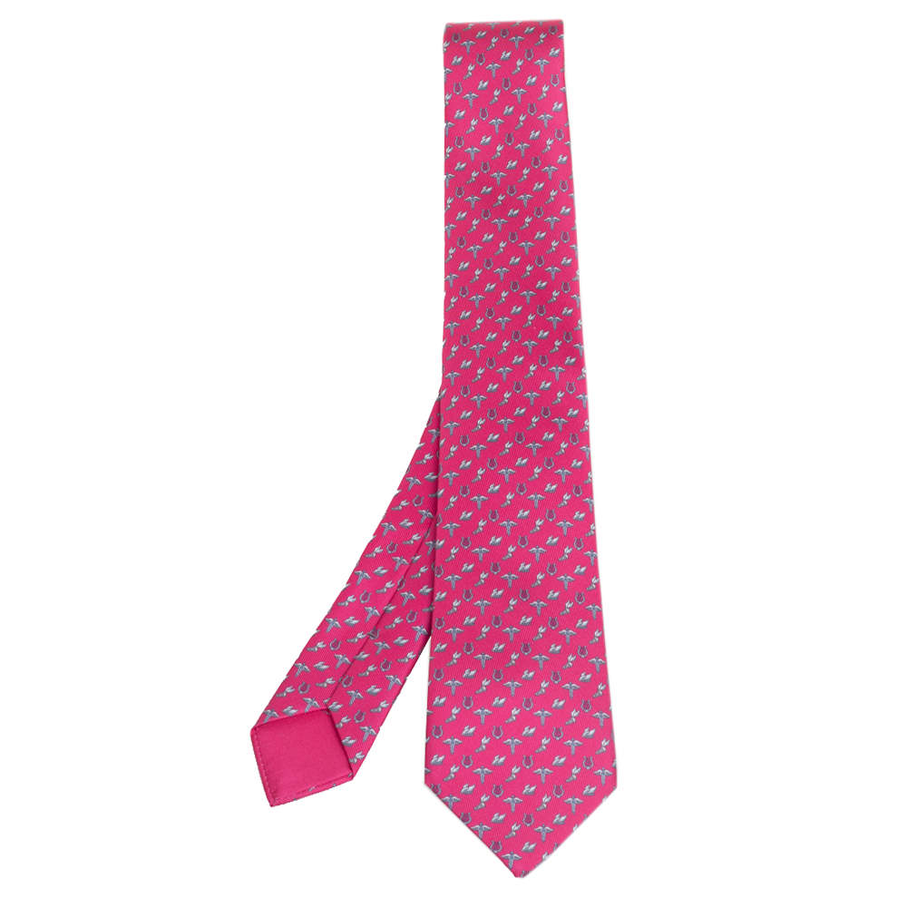 Pre Owned Hermes Fuchsia 7 Flying Hermes Silk Twill Tie