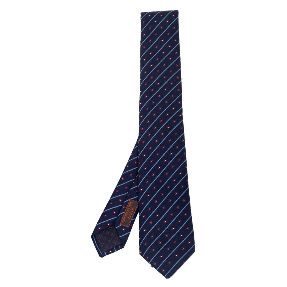 Pre Owned Hermes Navy Blue Flowers In Club Silk Tie