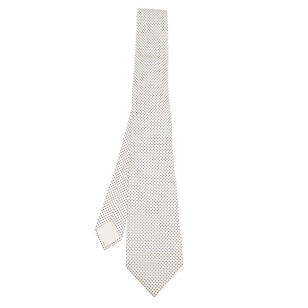Pre Owned Hermes White Polka Dot Printed Silk Tie
