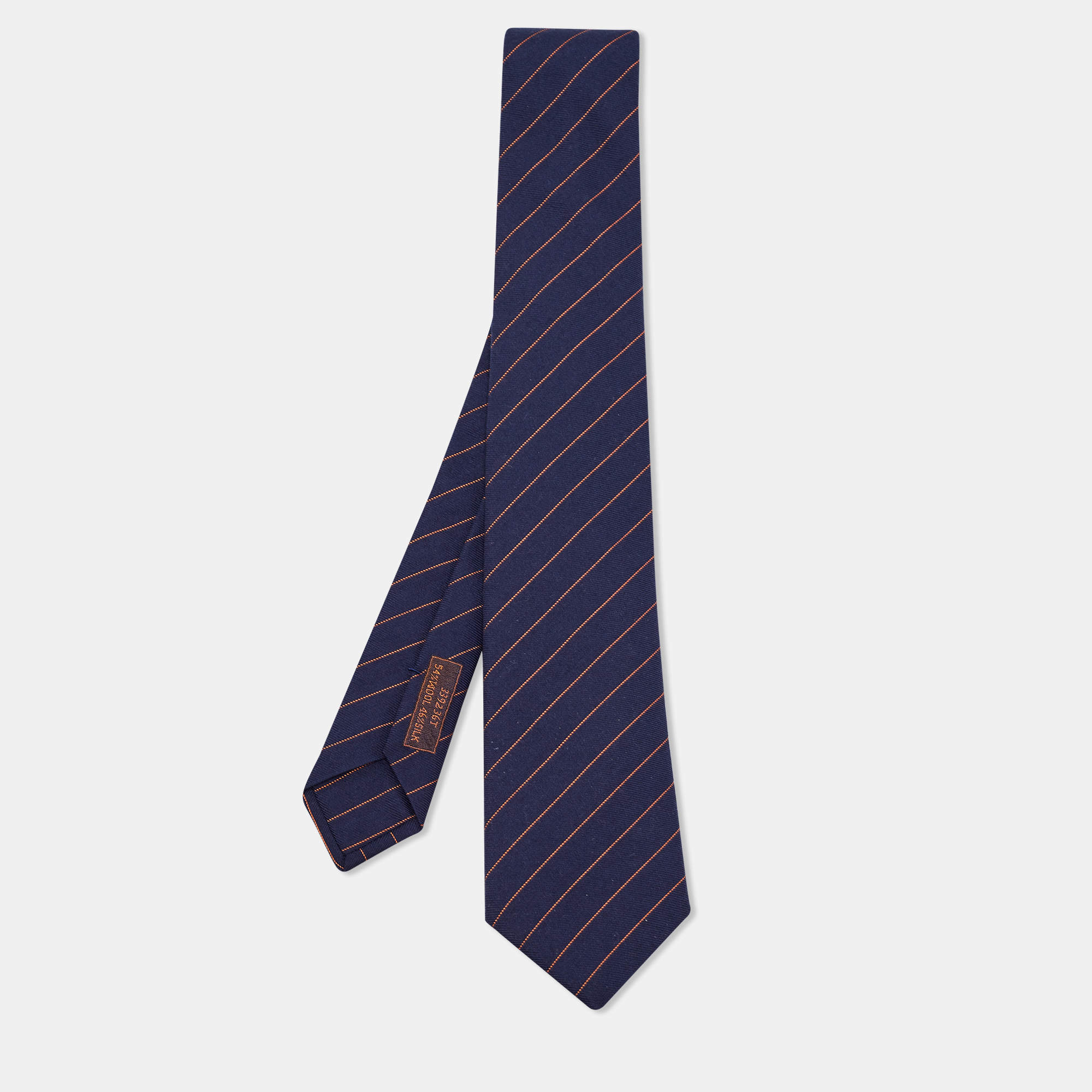 Pre Owned Hermes Blue and Orange Diagonal Striped Wool and Silk Tie