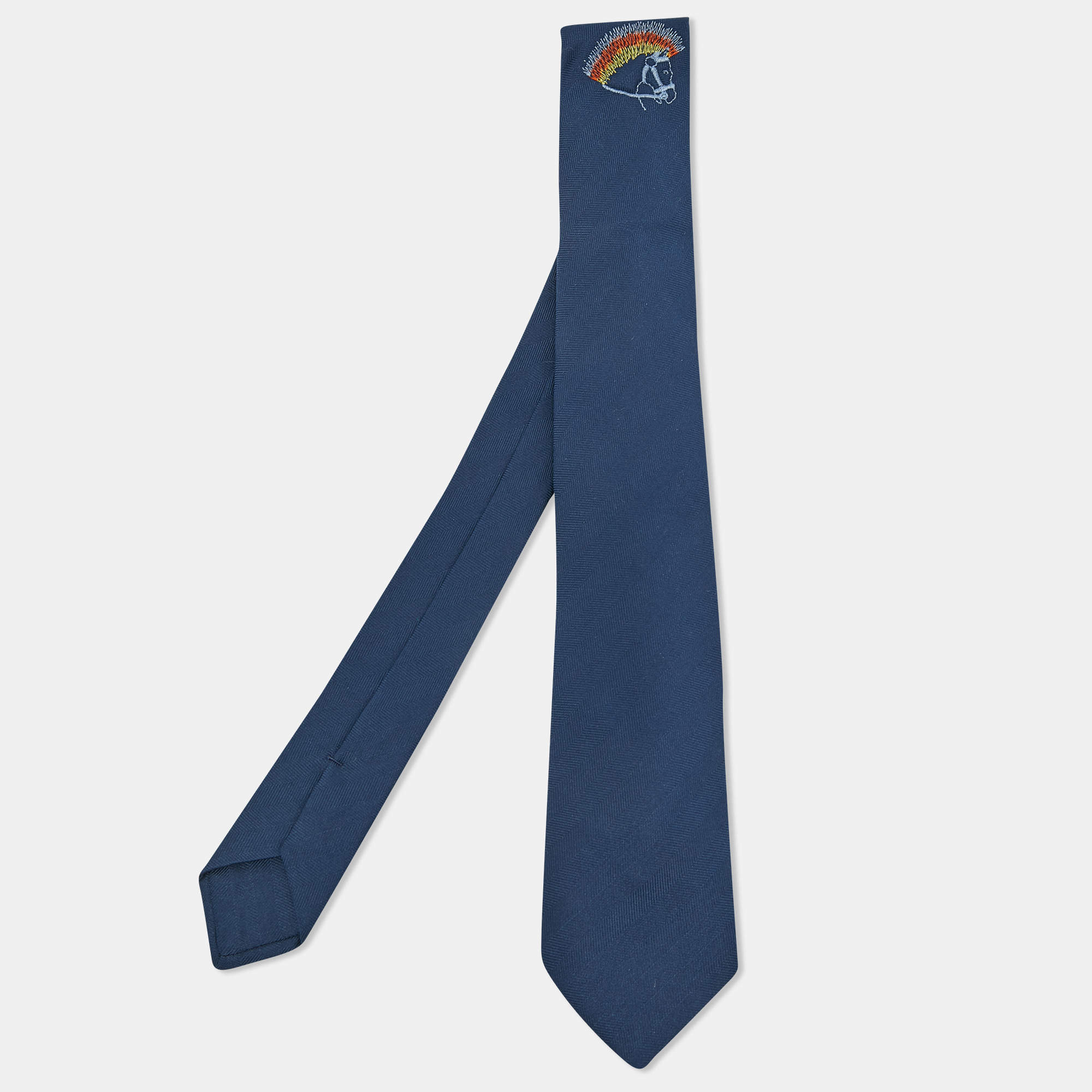 Pre Owned Hermes Marine Blue Cheval Punk Embroidered Silk Slim Tie