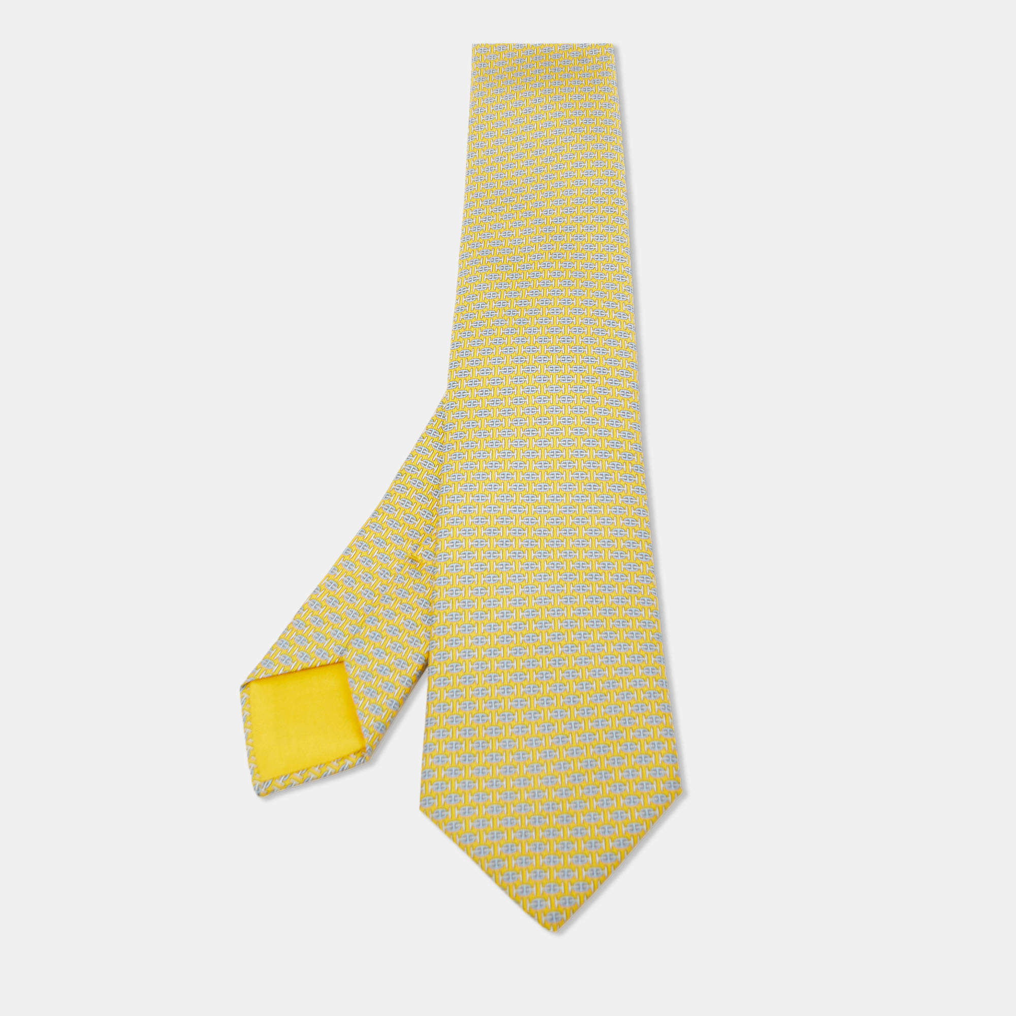 Pre Owned Hermès Yellow H Au Maillon Printed Silk Skinny Tie