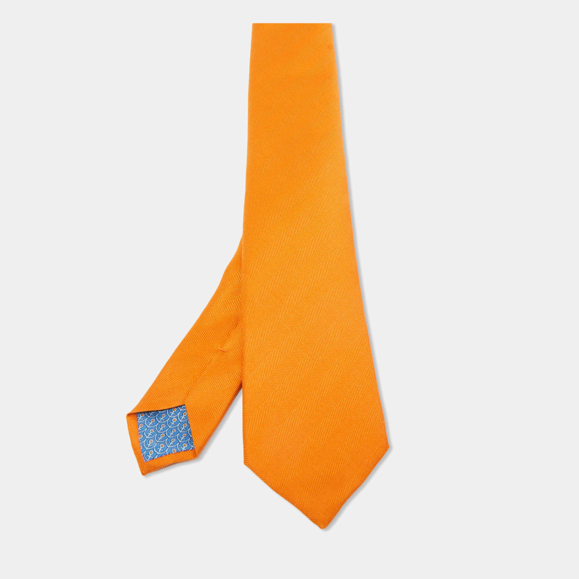 Pre Owned Hermès Orange 7 Chevron Recto Verso Silk Slim Tie