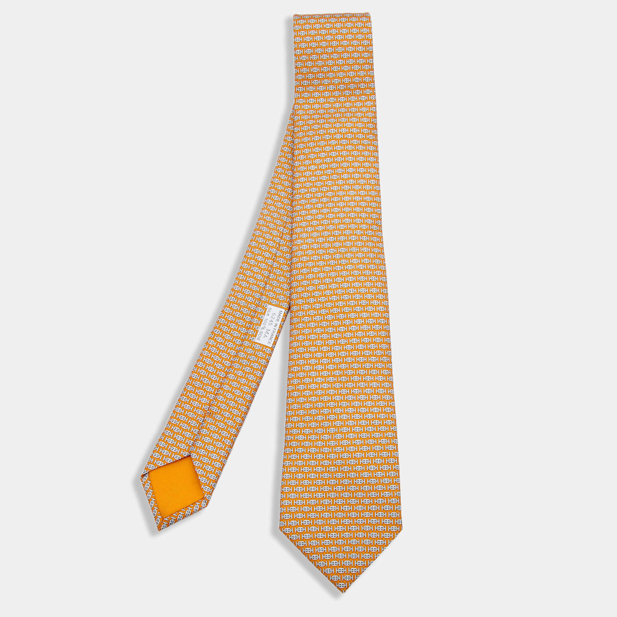 Pre Owned Hermès Orange H Au Maillon Printed Silk Skinny Tie