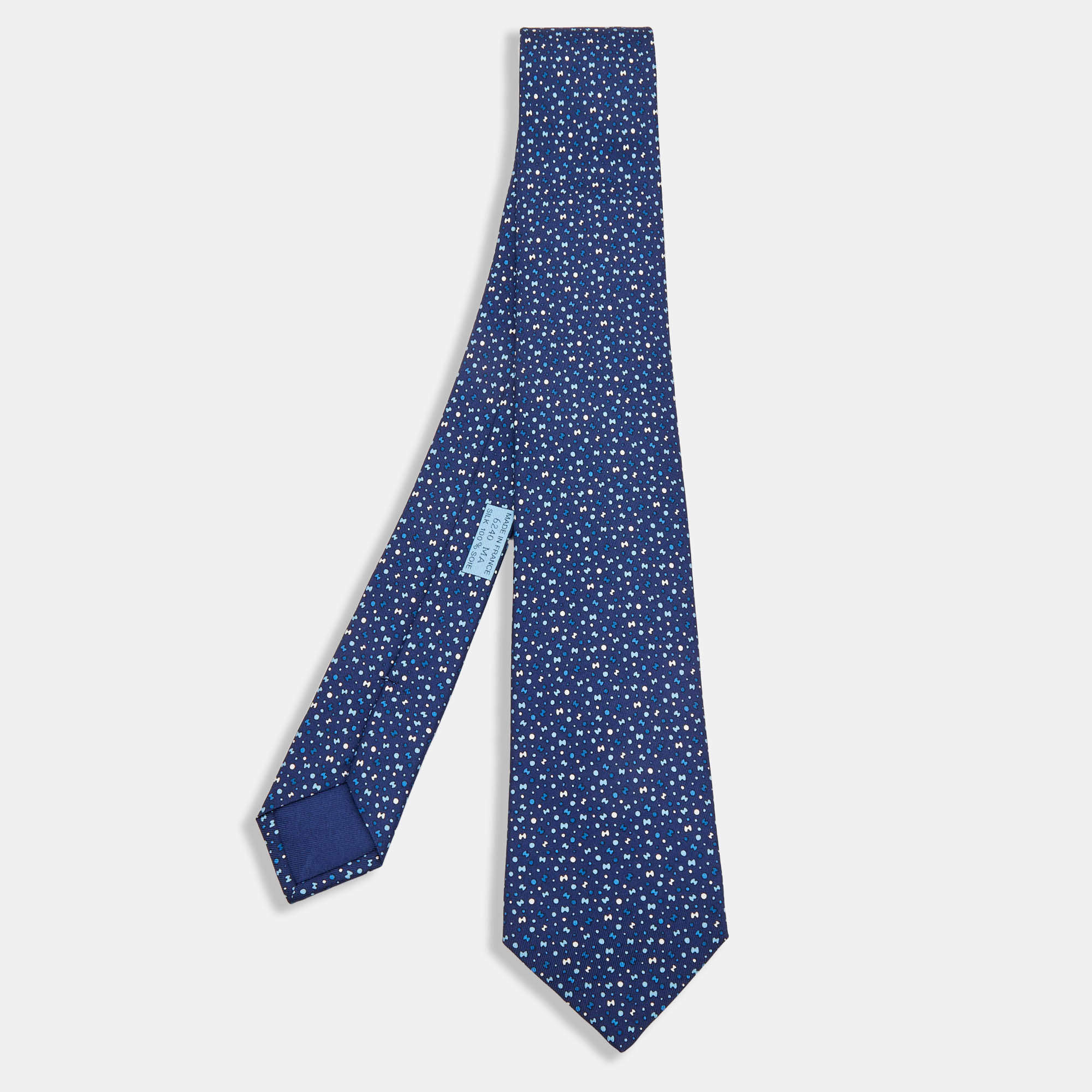 Pre Owned Hermès  Navy Blue 7 Bubble H Printed Silk Skinny Tie