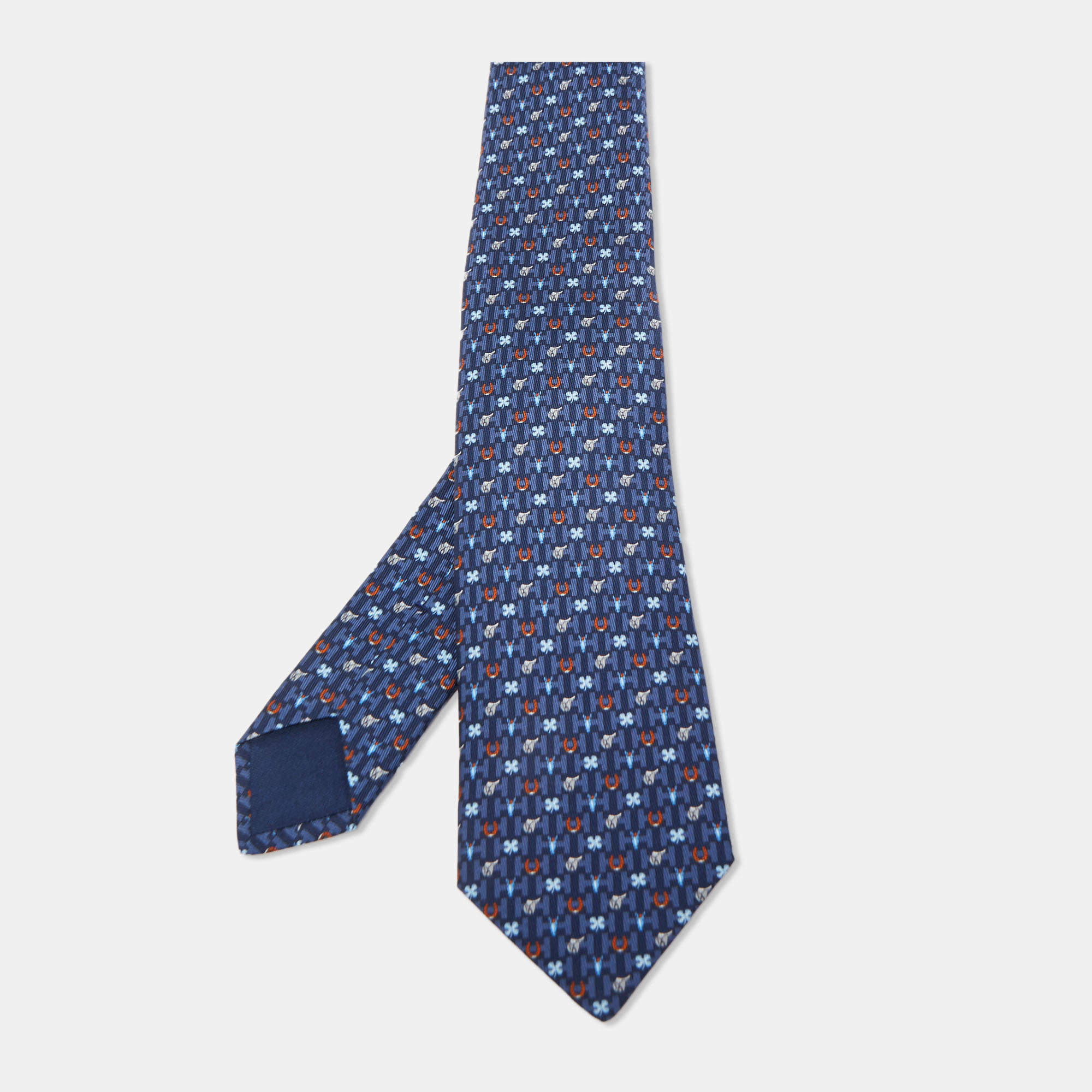 Pre Owned Hermès Navy Blue 7 Hermès Luck Printed Silk Slim Tie
