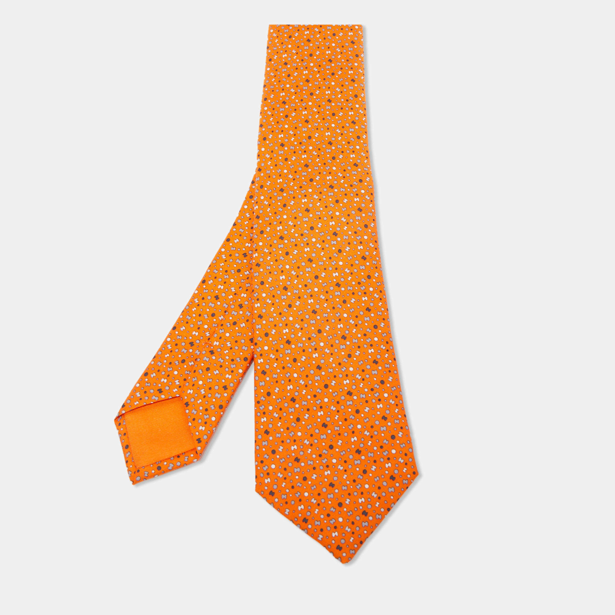 Hermes Orange 7 Bubble H Printed Silk Slim Tie