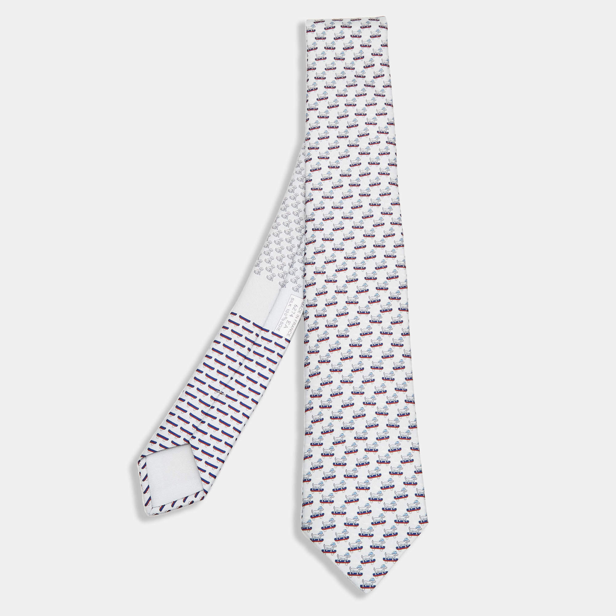 Pre Owned Hermès Silver 7 Roller Dog Twillbi Printed Silk Slim Tie 