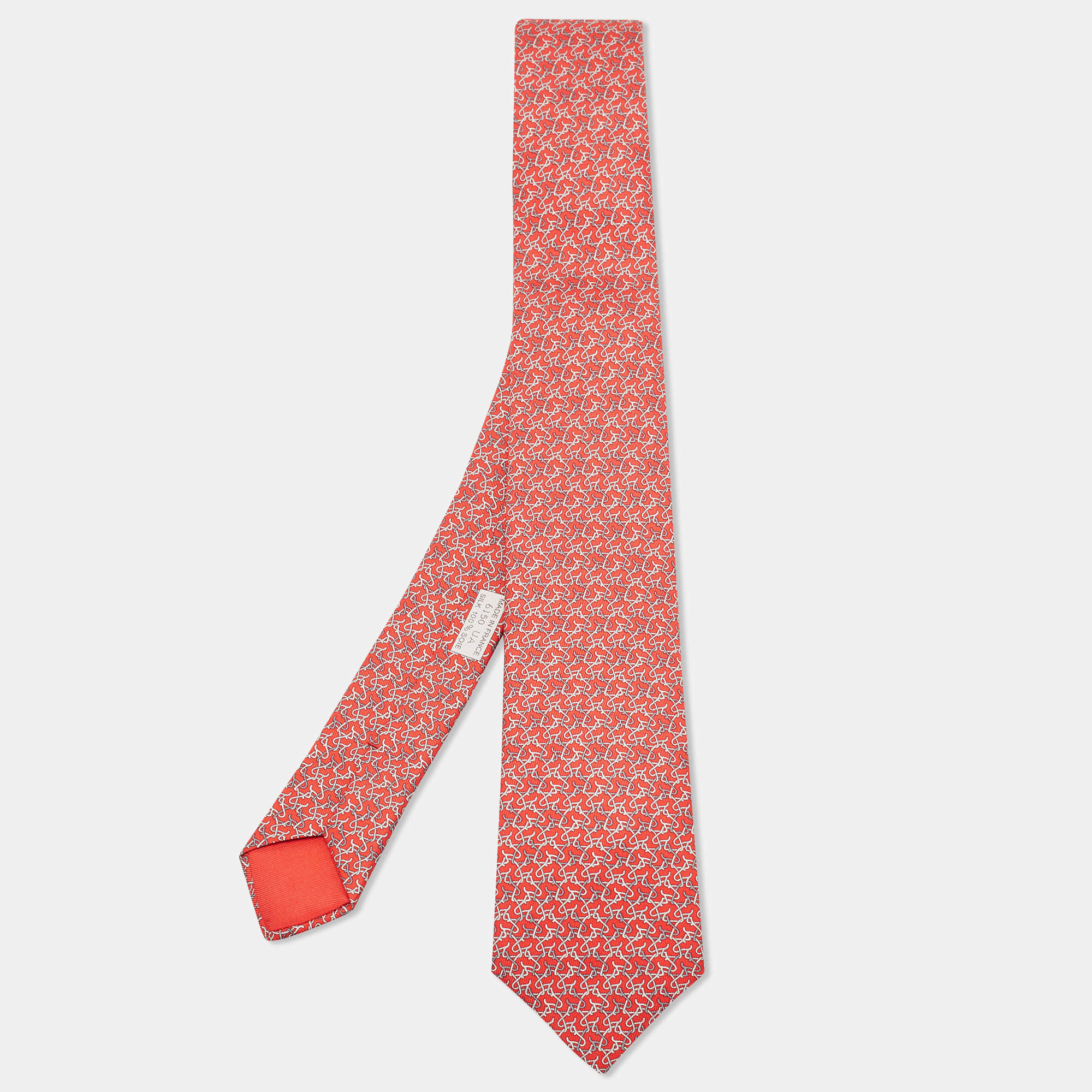 Pre Owned Hermès Red 7 Chevrophile Printed Silk Slim Tie