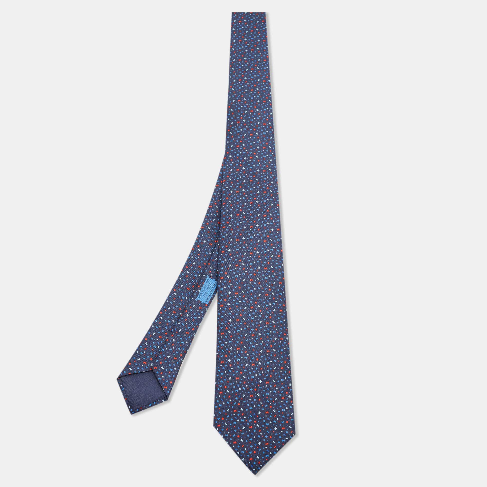 Pre Owned Hermès Navy Blue 7 Bubble H Printed Silk Slim Tie