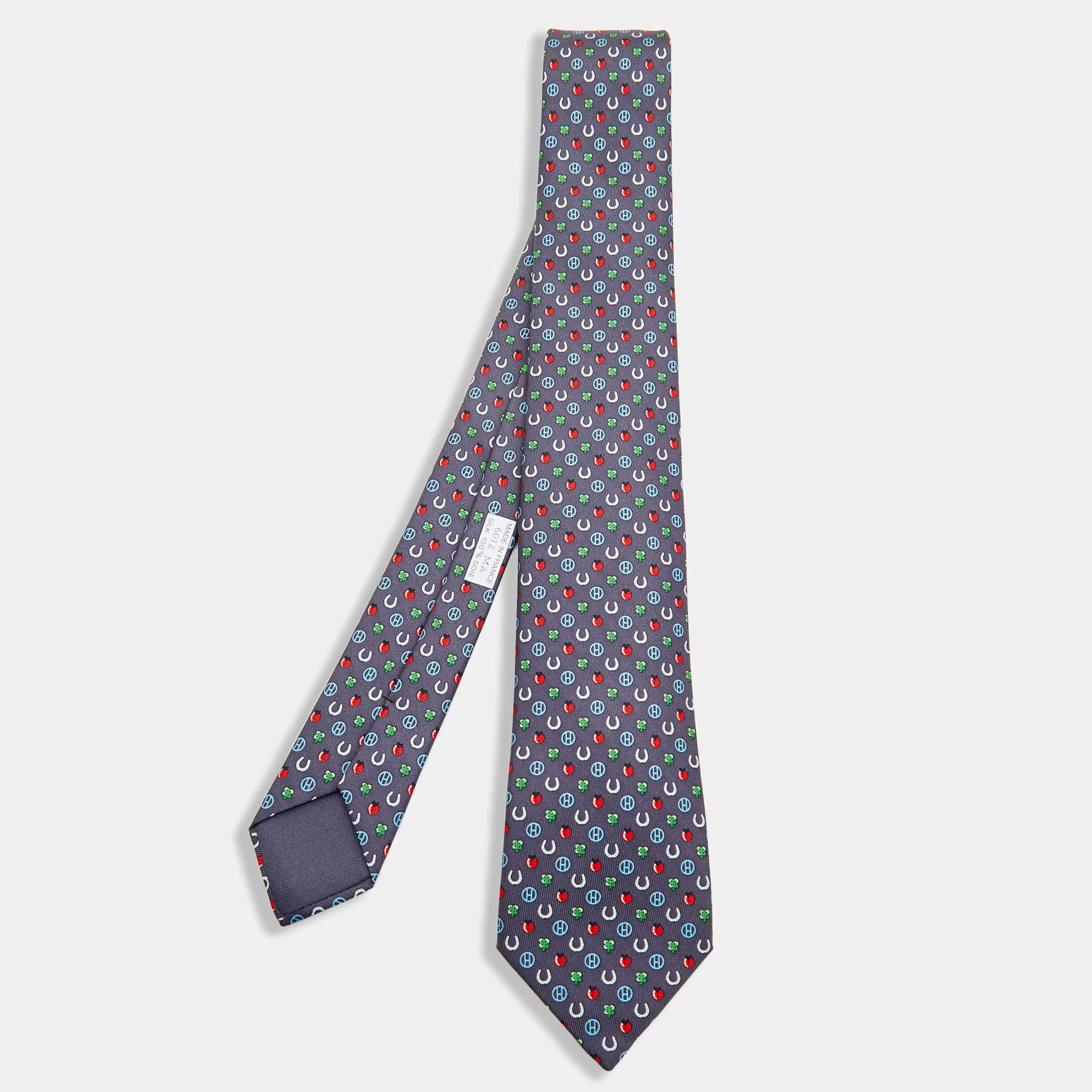 Pre Owned Hermès Grey Job Interview Printed Silk Slim Tie