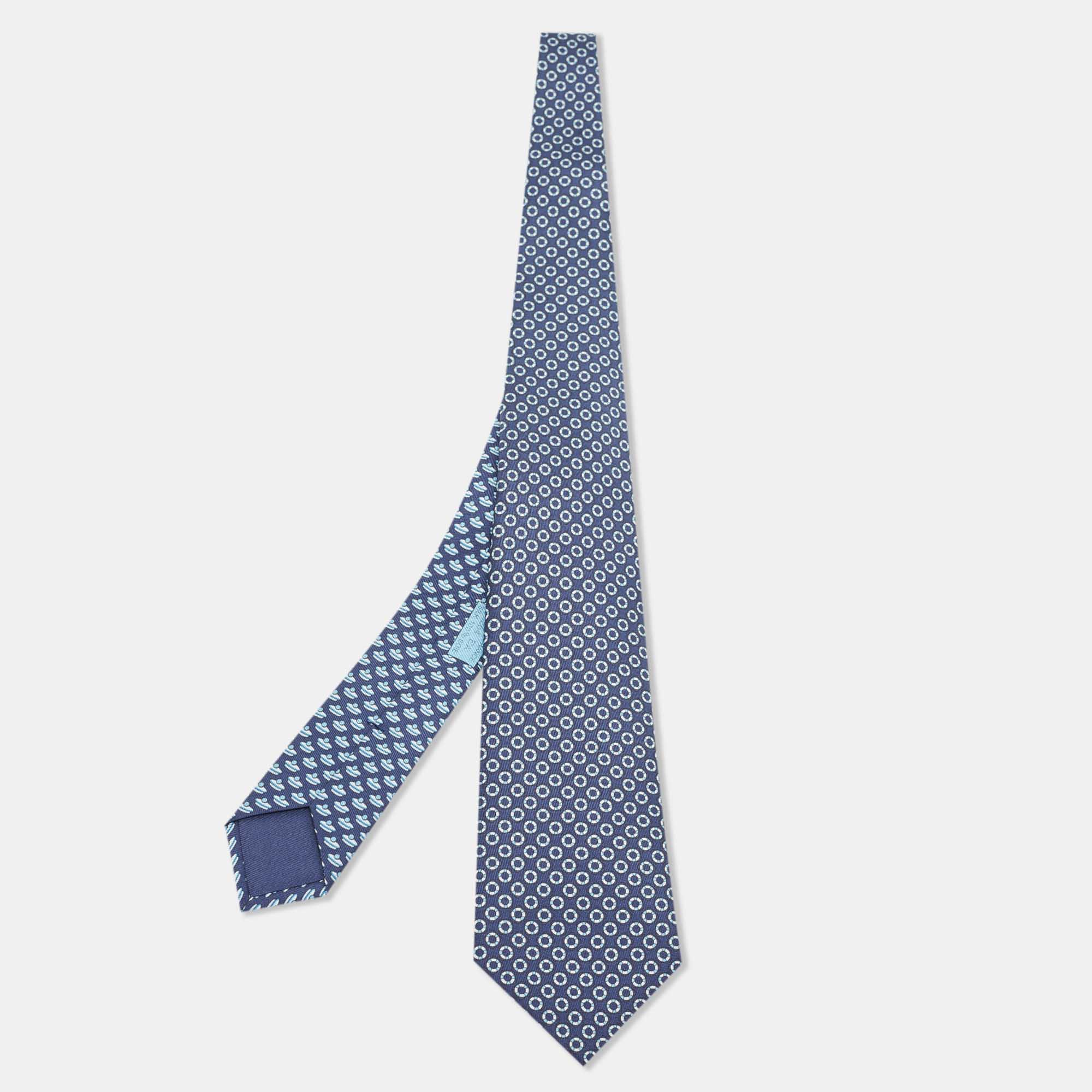 Pre Owned Hermès Navy Blue J'Ai Touche Pompon Printed Silk Slim Tie