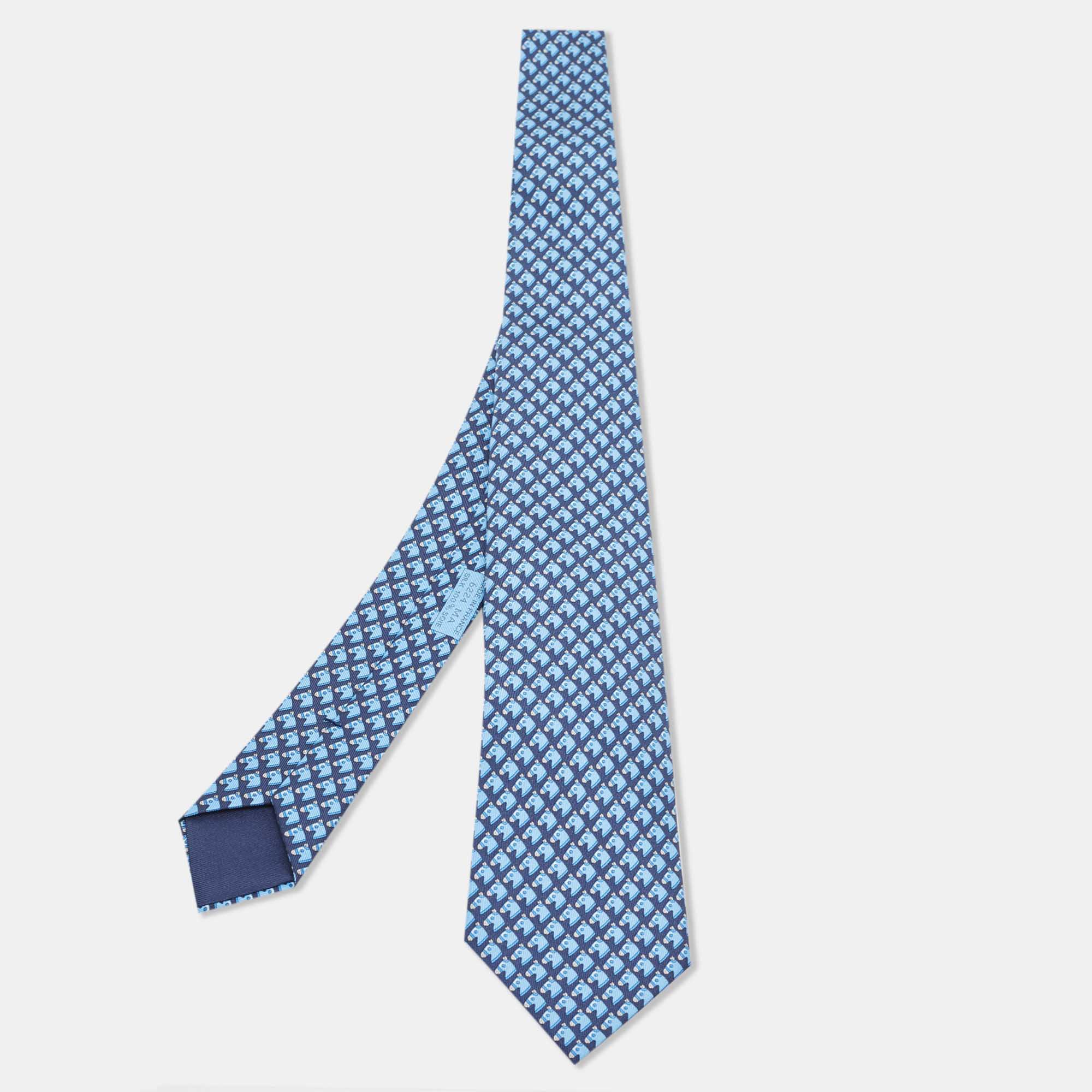 Pre Owned Hermes Navy Blue 7 Cheval Camail Printed Silk Slim Tie