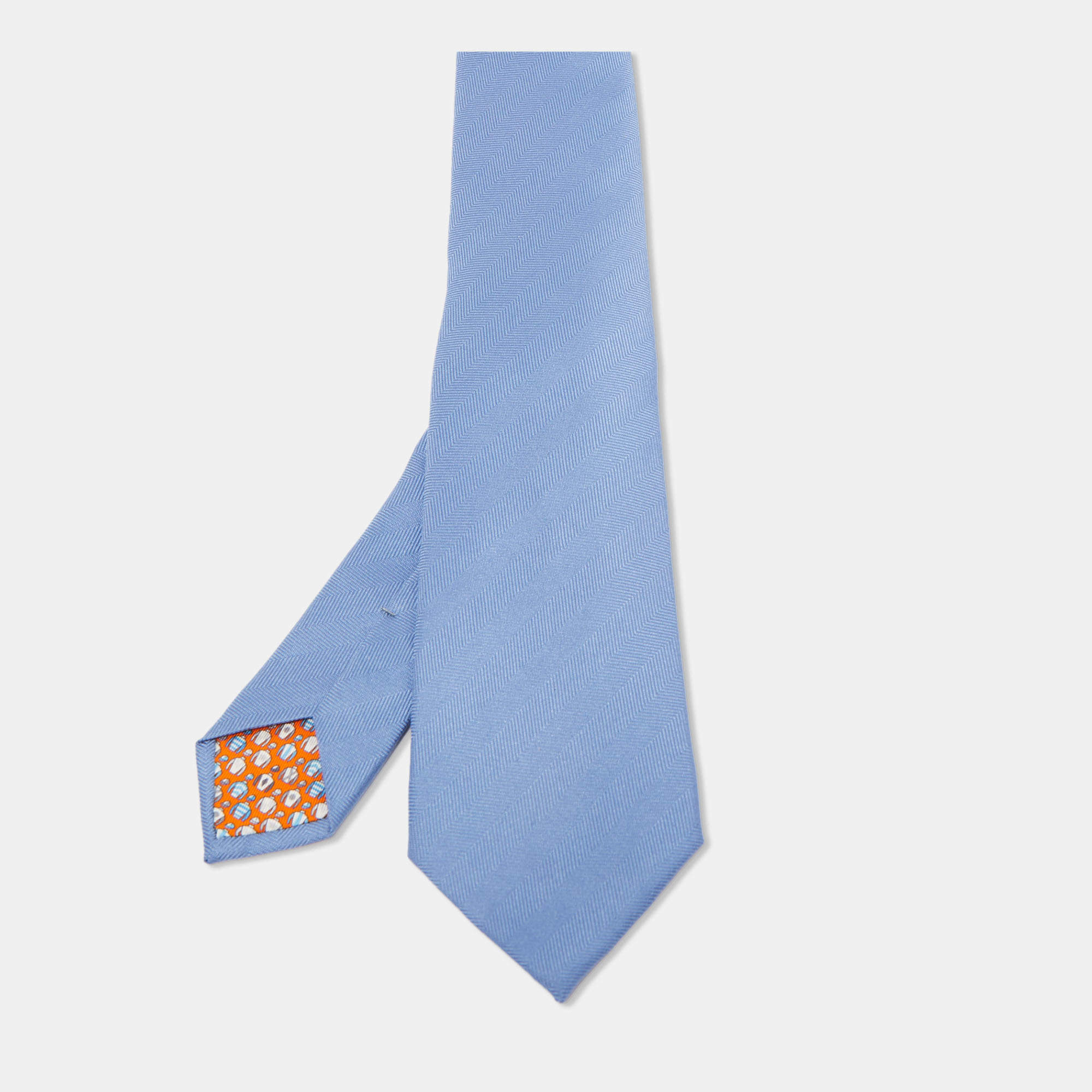 Pre Owned Hermes Blue 7 Chevron Recto Verso Silk Slim Tie