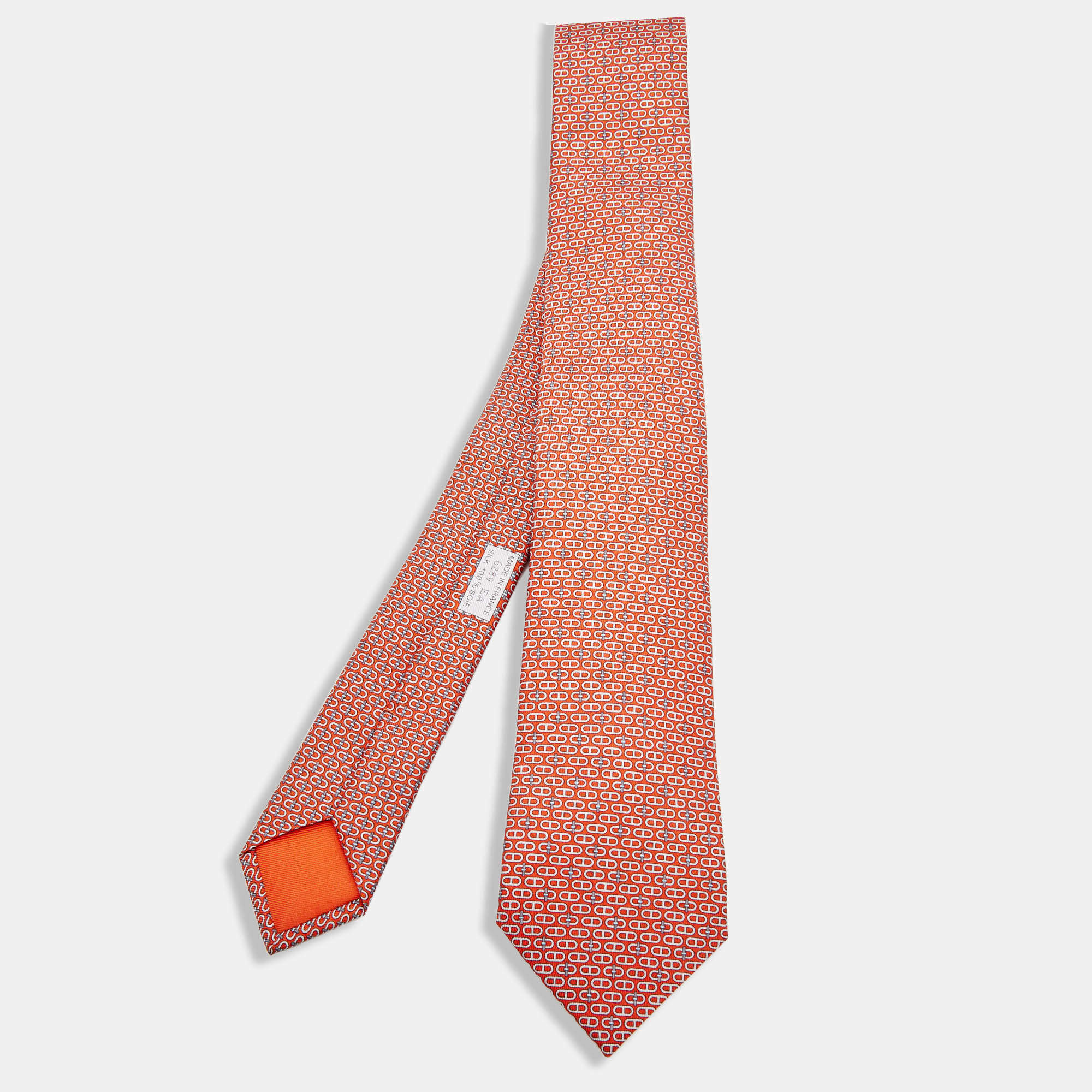 Pre Owned Hermès Orange Glenan Printed Silk Skinny Tie